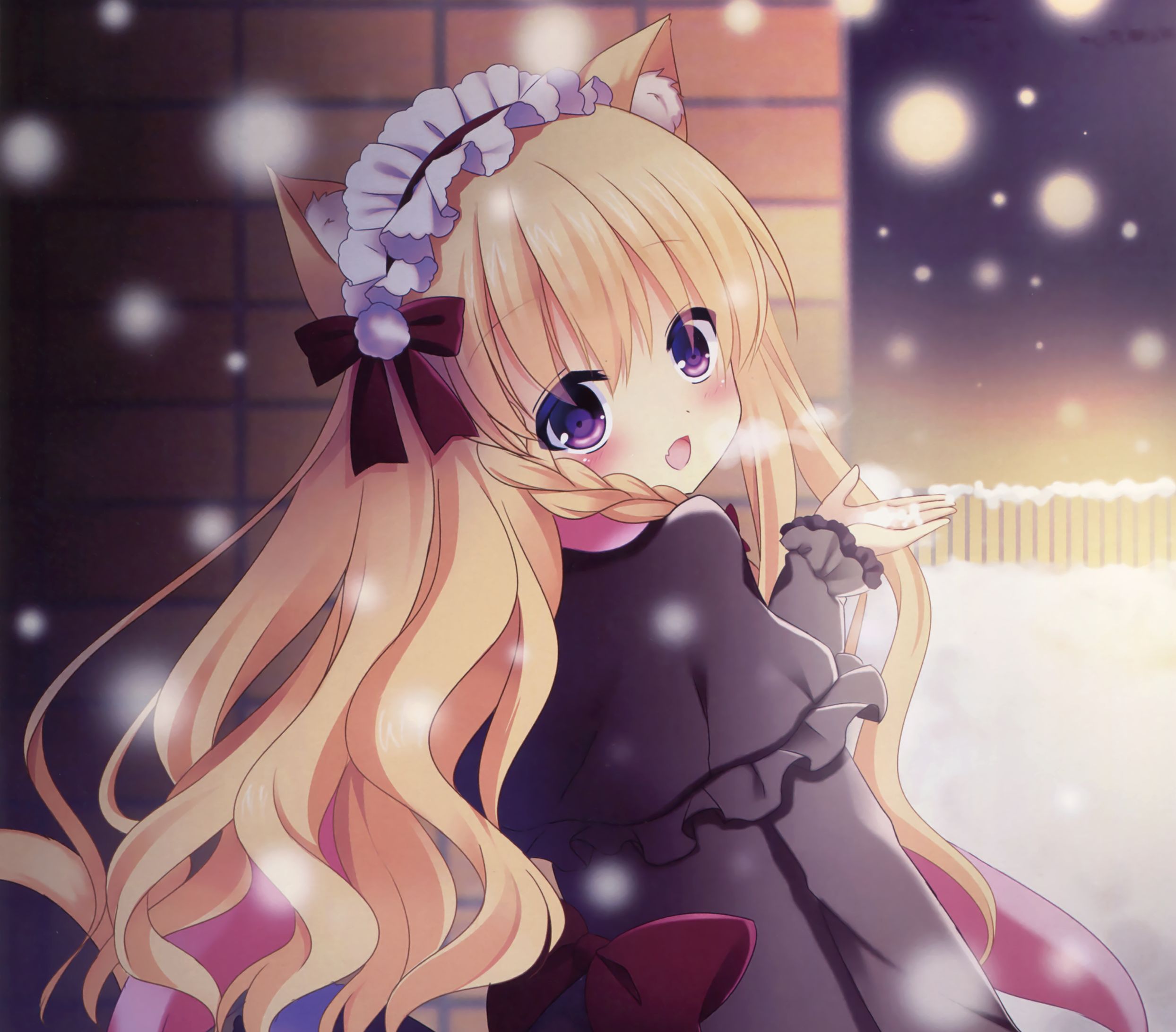 Laden Sie das Schnee, Lächeln, Flechten, Original, Blondinen, Stirnband, Animes, Lange Haare, Lila Augen, Schleife (Kleidung)-Bild kostenlos auf Ihren PC-Desktop herunter