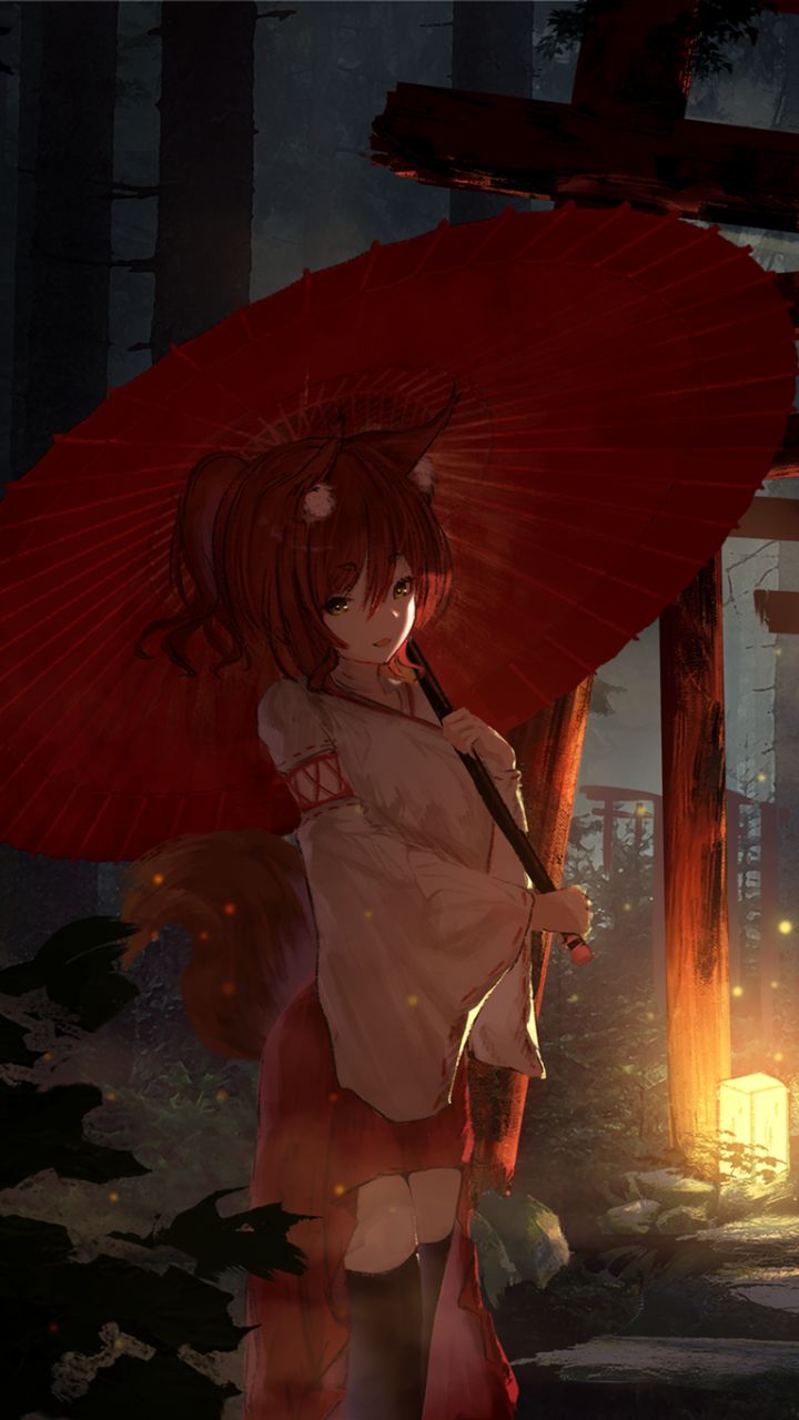 Download mobile wallpaper Anime, Night, Original, Pointed Ears, Red Hair, Miko Outfit, Animal Ears, Parasol for free.