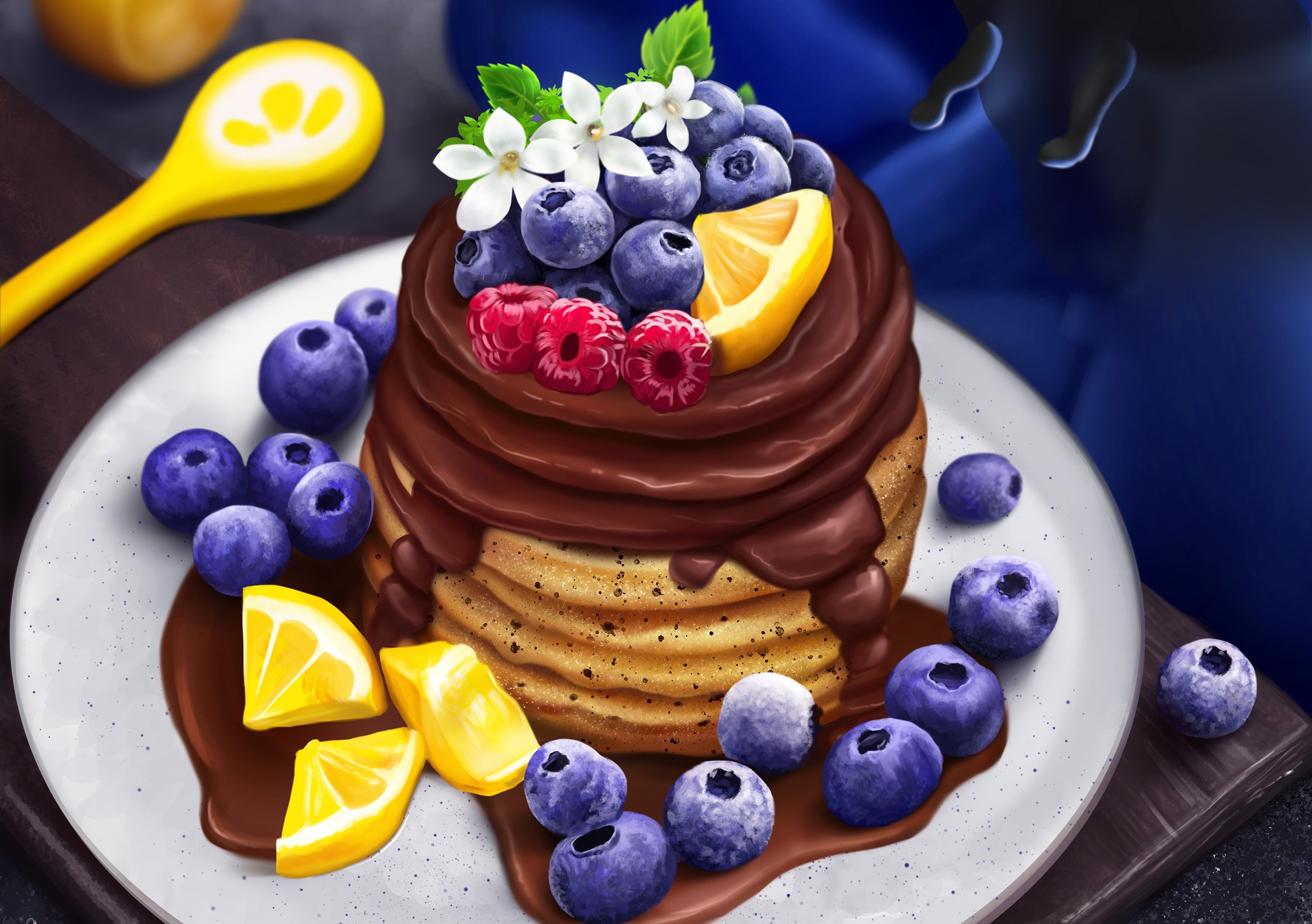 Download mobile wallpaper Food, Chocolate, Blueberry, Raspberry, Berry, Lemon, Pancake for free.