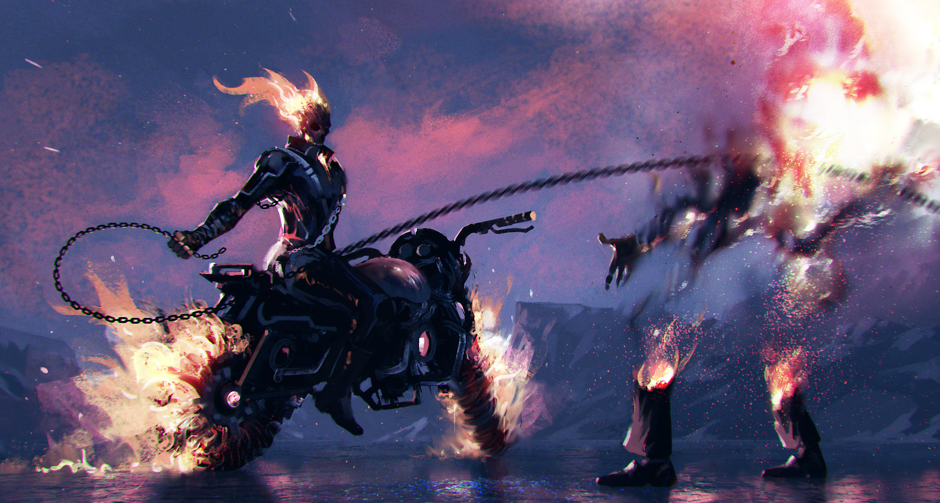 Download mobile wallpaper Fire, Ghost Rider, Motorcycle, Chain, Comics for free.