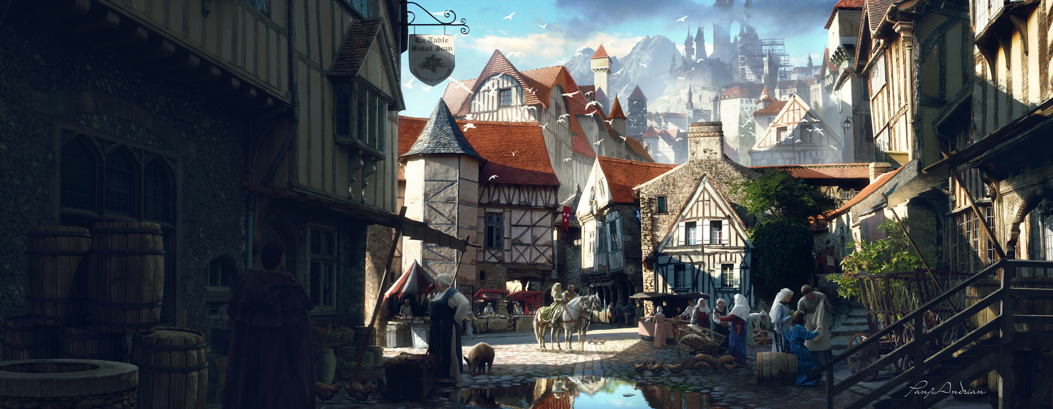 Free download wallpaper People, Fantasy, City, Building, Horse, Town on your PC desktop