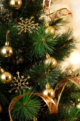 Baixar papel de parede para celular de Natal, Bugiganga, Decoração, Dourado, Bokeh, Floco De Neve, Feriados gratuito.