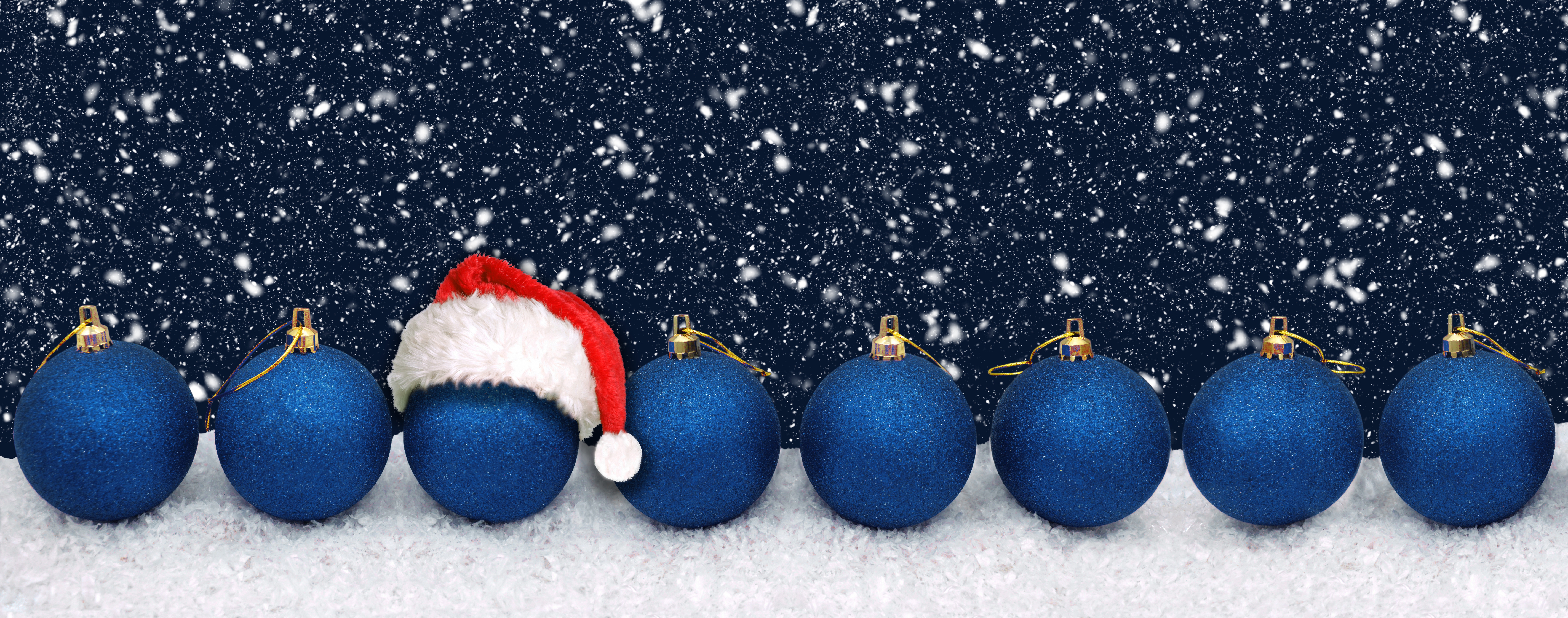 Free download wallpaper Christmas, Holiday, Snowfall, Christmas Ornaments, Bauble, Santa Hat on your PC desktop