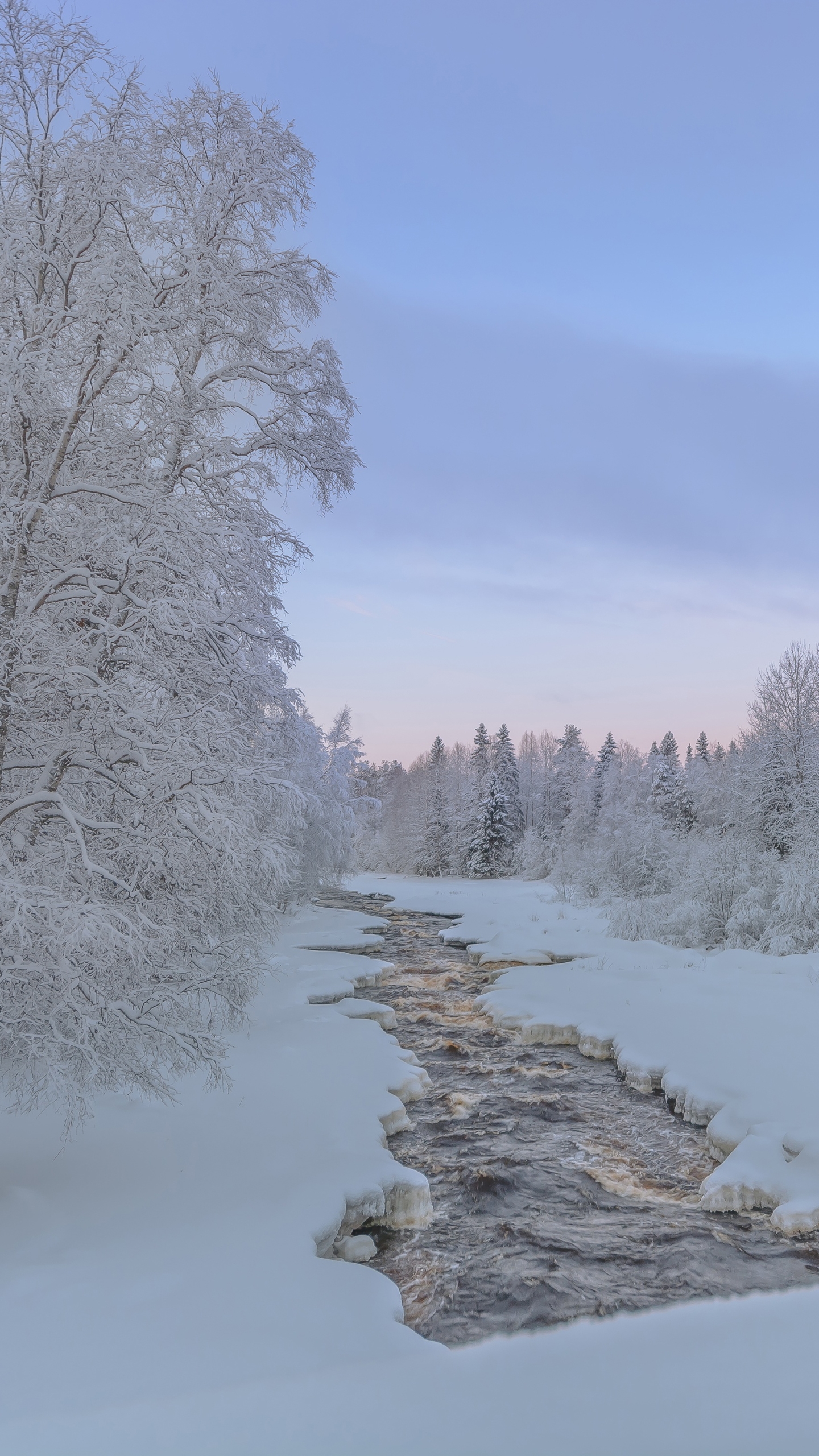 Download mobile wallpaper Winter, Nature, Snow, Forest, Tree, Earth, River for free.