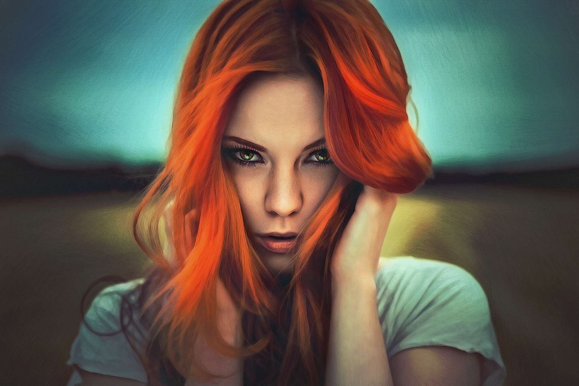 Download mobile wallpaper Redhead, Artistic, Face, Model, Women, Green Eyes for free.