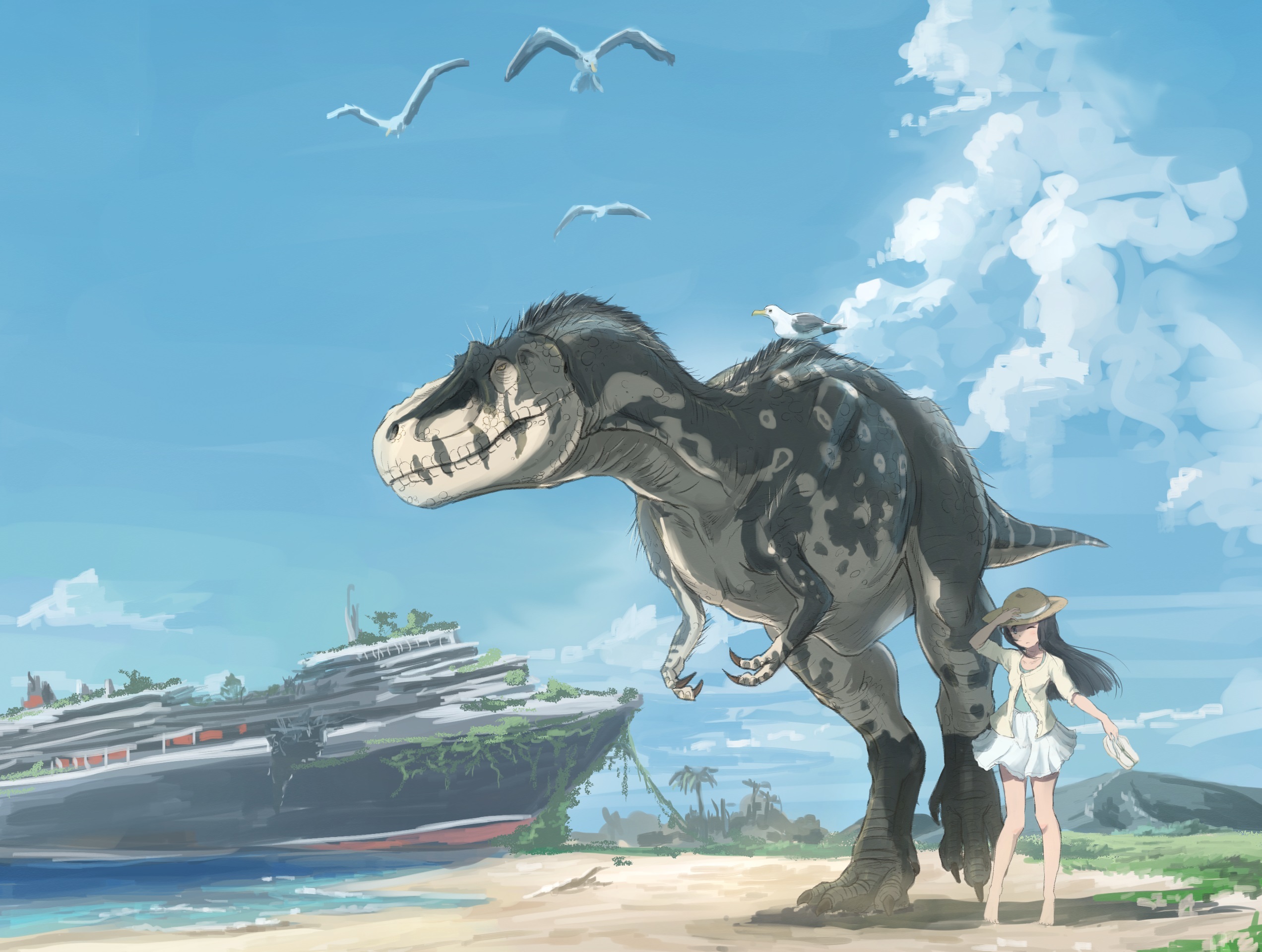 759839 завантажити шпалери аніме, оригінал, пляжний, круїзний корабель, динозавр, тиранозавр рекс - заставки і картинки безкоштовно