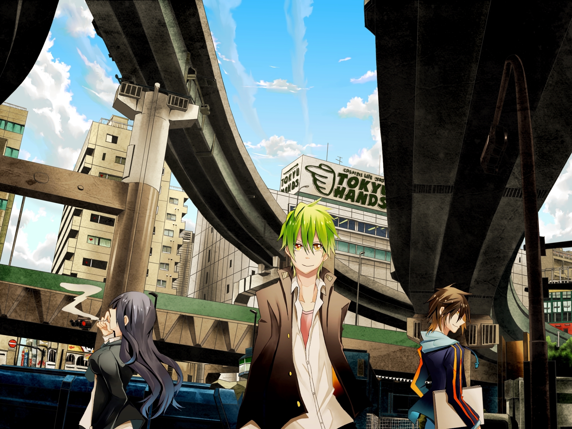 Free download wallpaper Anime, City, Green Hair, Yellow Eyes, Original, Smoking on your PC desktop