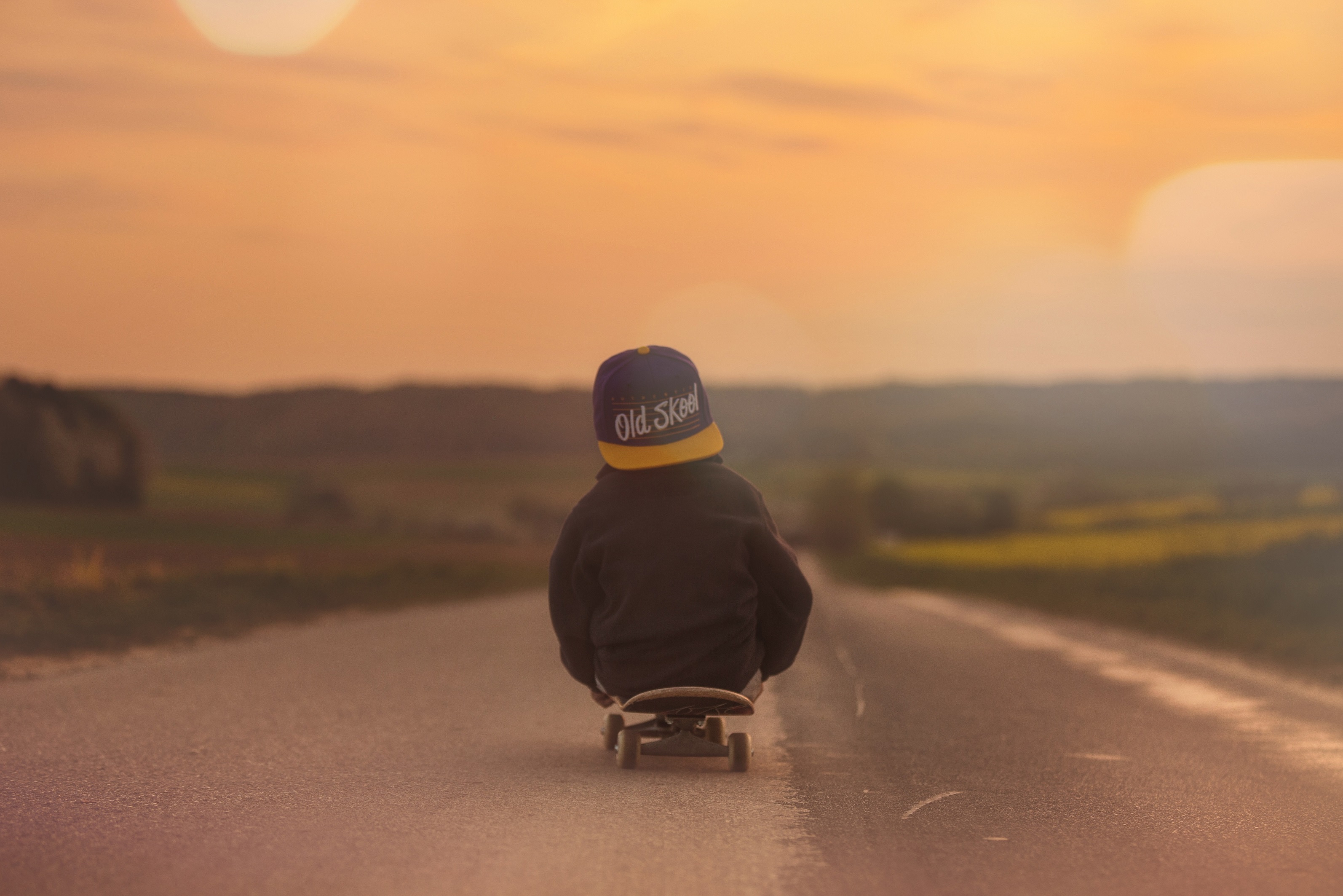 photography, child, hat, road, skateboard