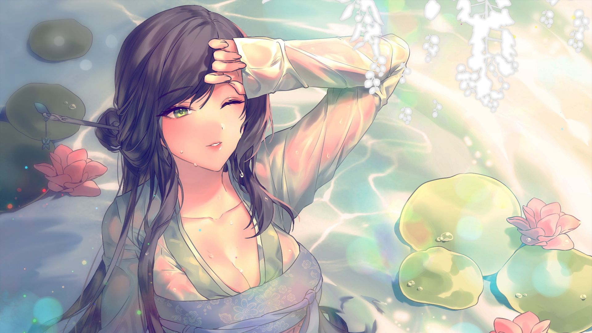 Free download wallpaper Anime, Water, Flower, Green Eyes, Original, Black Hair, Long Hair on your PC desktop