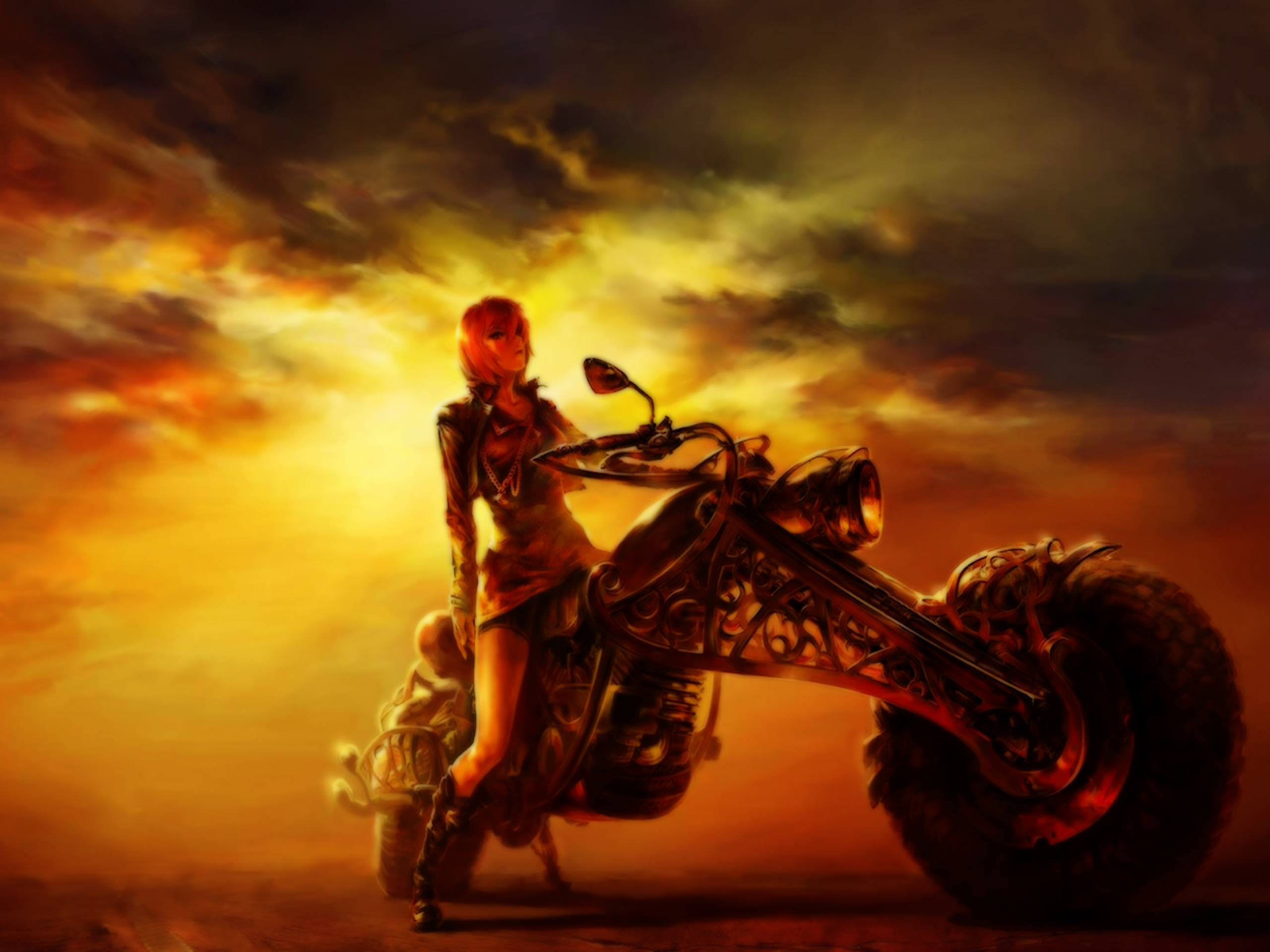 fantasy, women, motorcycle, orange (color), sky