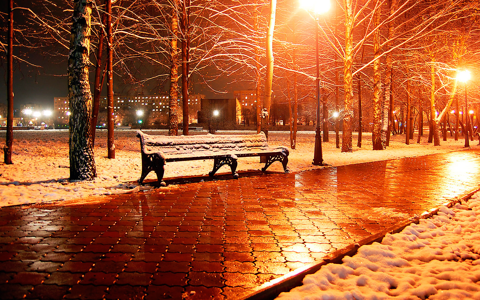 landscape, winter, trees, streets, night, snow, orange wallpaper for mobile