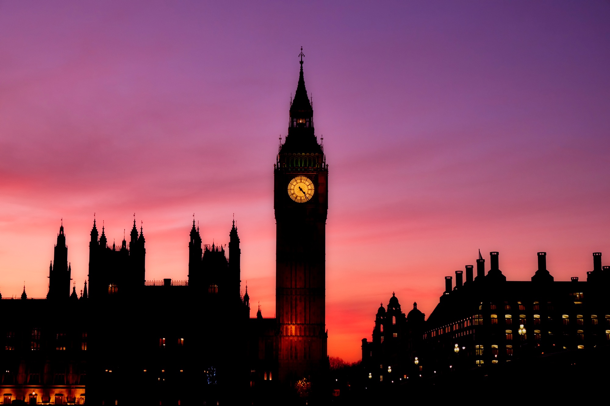 Handy-Wallpaper London, Big Ben, Horizont, Silhouette, Sonnenuntergang, Monumente, Menschengemacht kostenlos herunterladen.