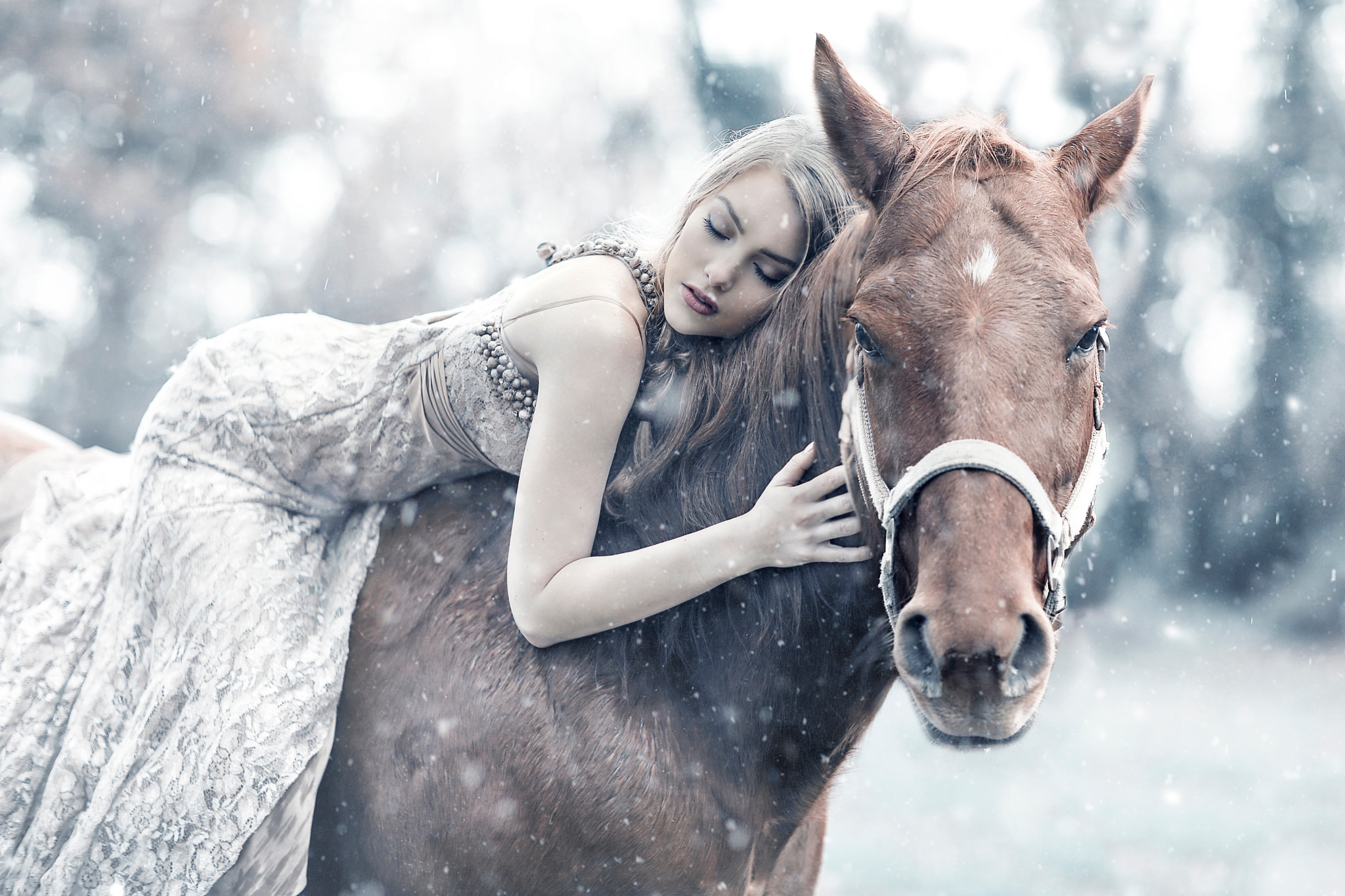 PCデスクトップに馬, ムード, ボケ, ブロンド, モデル, 女性, 降雪, ホワイトドレス画像を無料でダウンロード