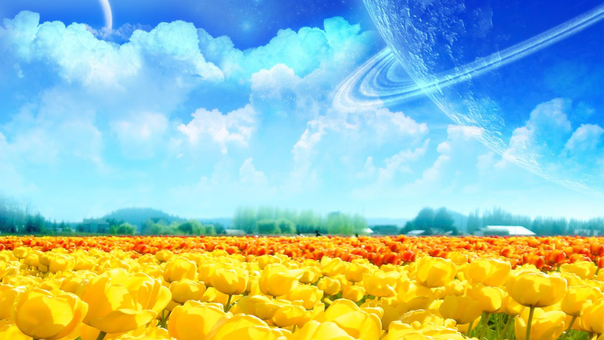 Download mobile wallpaper Flowers, Fantasy, Earth, Field, Planet, Cloud, Tulip, Yellow Flower for free.