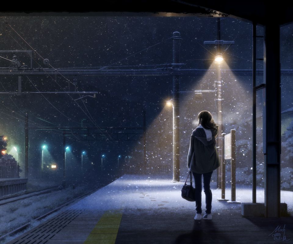 Free download wallpaper Anime, Winter, Snow, Train Station, Scarf on your PC desktop