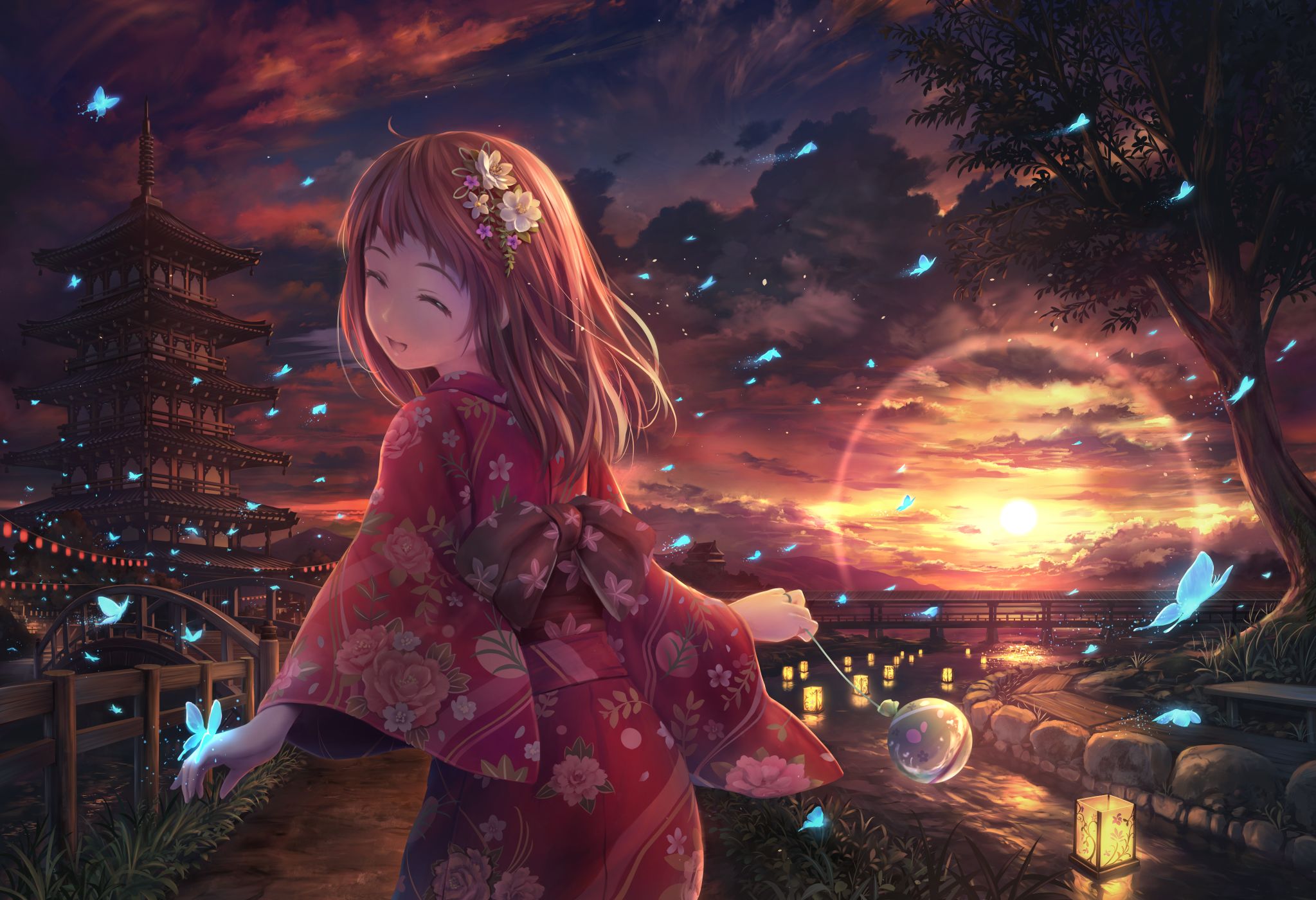 Free download wallpaper Anime, Sunset, Flower, Butterfly, Smile, Lantern, Kimono, Original, Pink Hair on your PC desktop