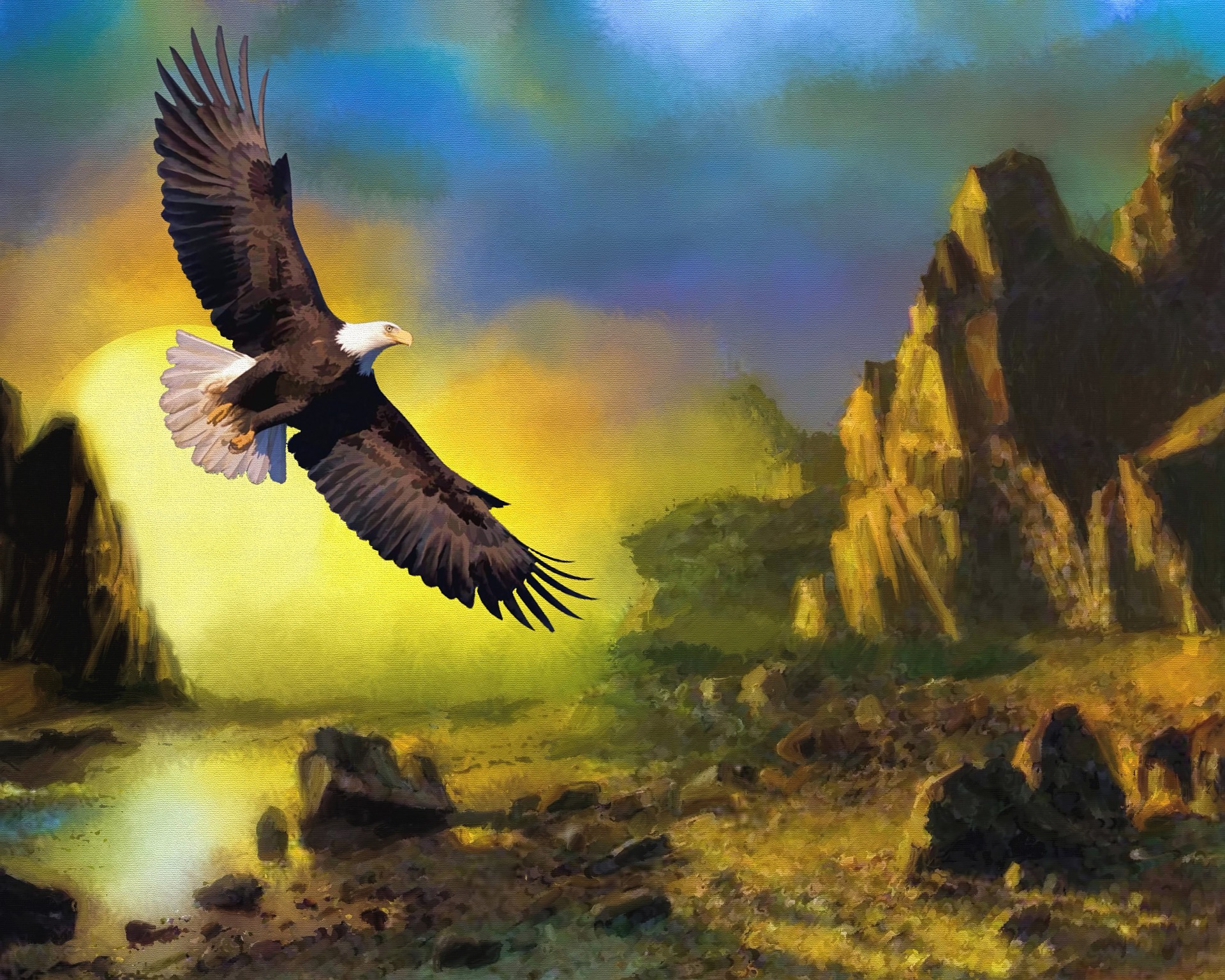 Download mobile wallpaper Landscape, Birds, Sunset, Bird, Animal, Painting, Bald Eagle for free.