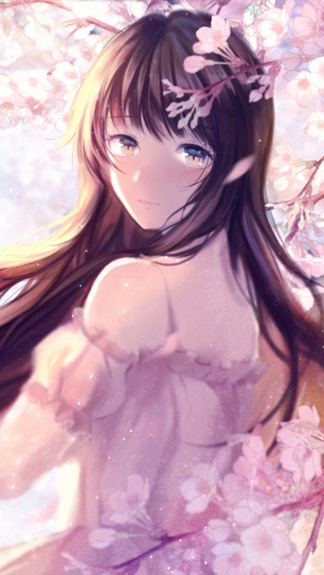 Download mobile wallpaper Anime, Yellow Eyes, Cherry Blossom, Original, Blush, Long Hair, Brown Hair for free.