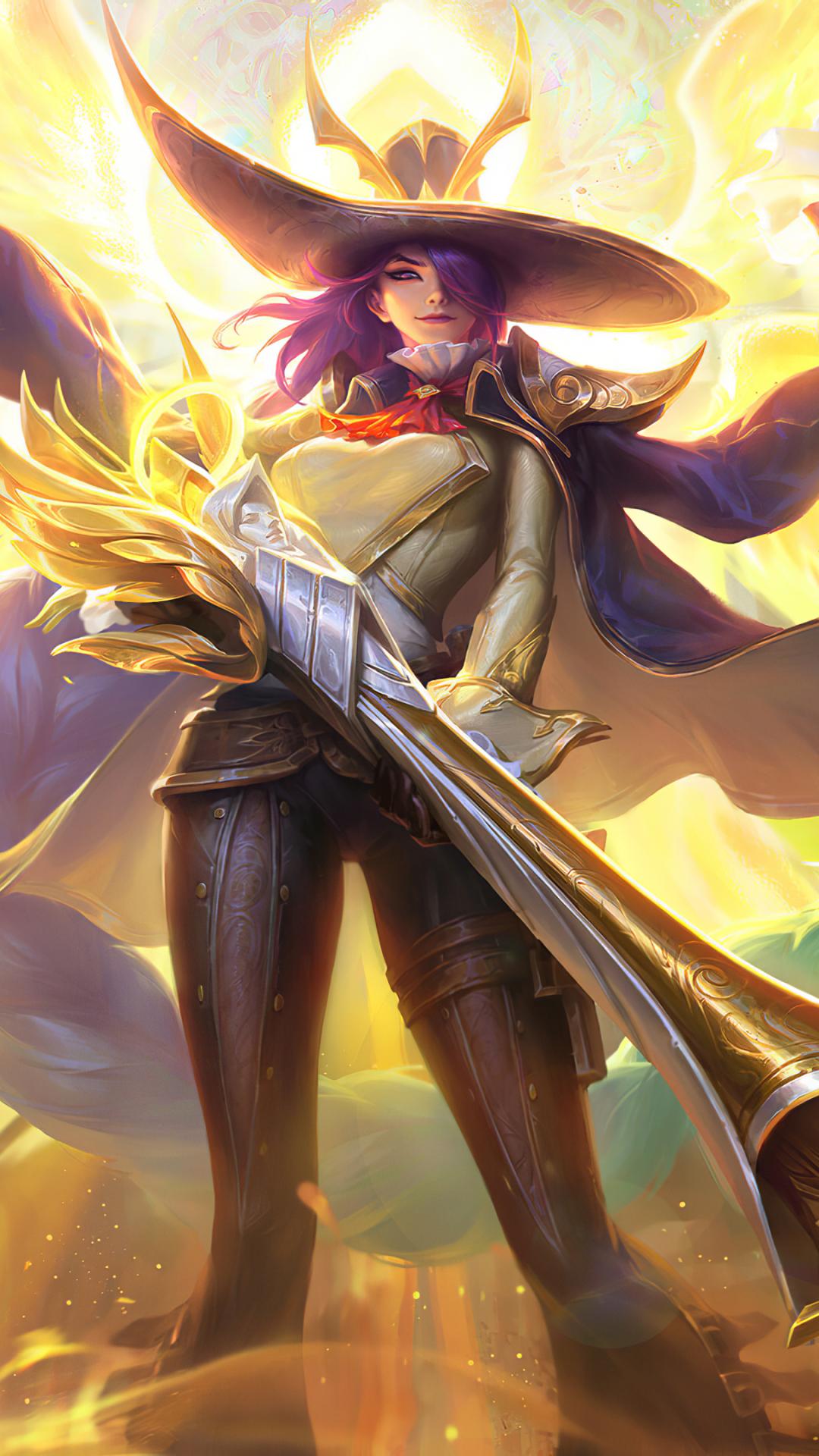 Download mobile wallpaper Weapon, Hat, Video Game, Woman Warrior, Purple Hair, Mobile Legends: Bang Bang for free.