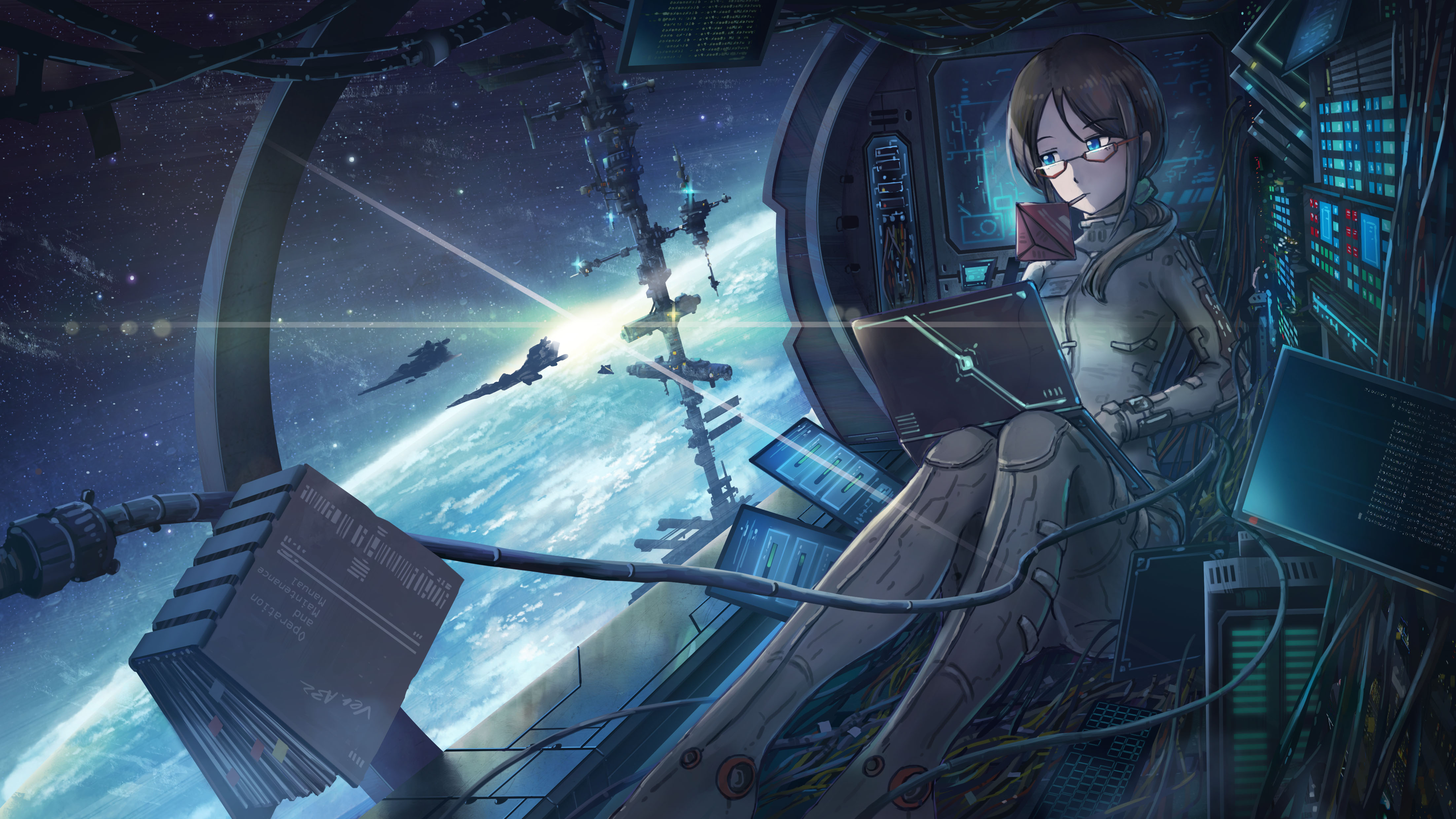 Free download wallpaper Anime, Stars, Spaceship, Cosmos, Blue Eyes, Original on your PC desktop