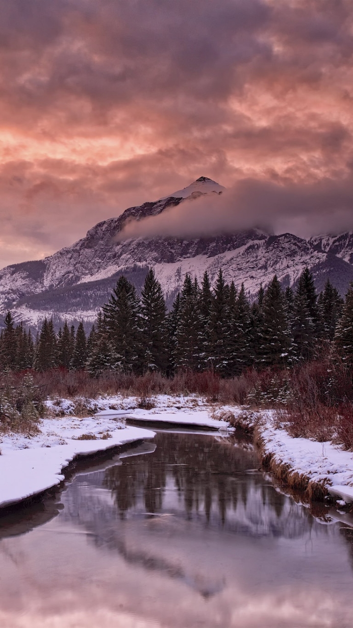 Download mobile wallpaper Winter, Nature, Mountain, Earth, Cloud, River for free.