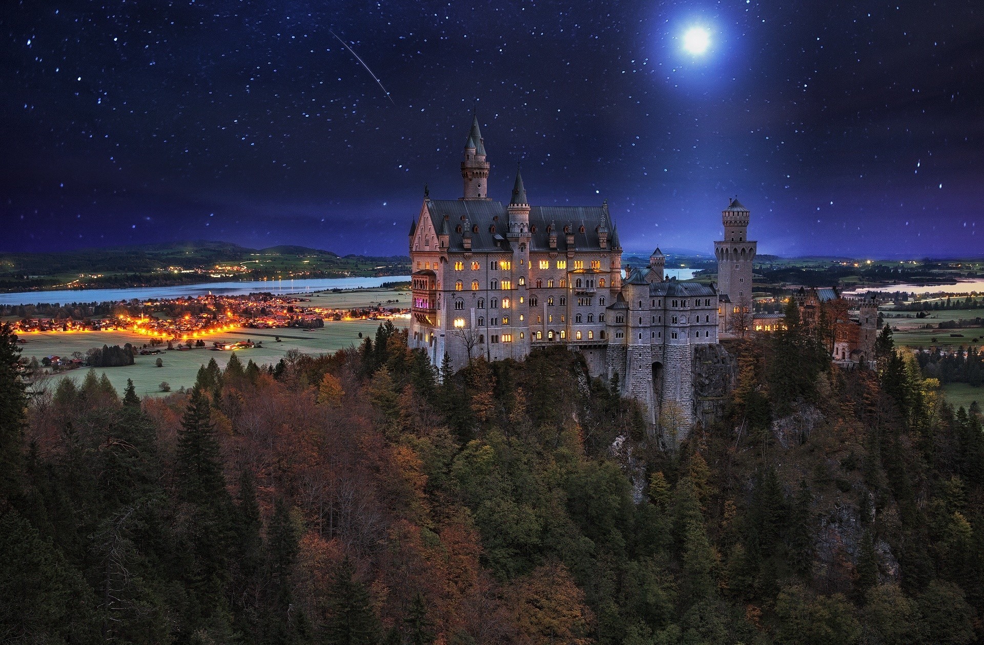 350304 скачать картинку замок нойшванштайн, замки, звезды, ночь, сделано человеком, германия, метеор, луна - обои и заставки бесплатно