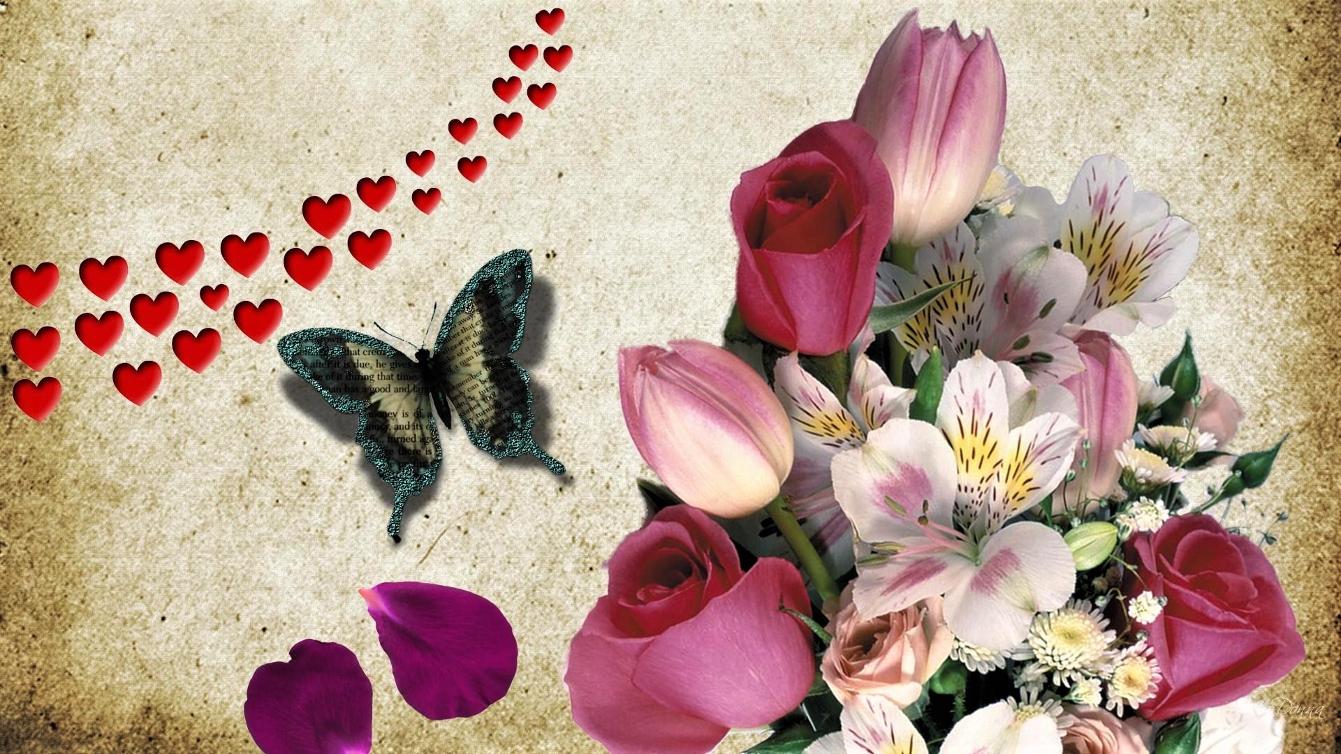 Скачать обои бесплатно Цветок, Бабочка, Сердце, Художественные, Флауэрсы картинка на рабочий стол ПК
