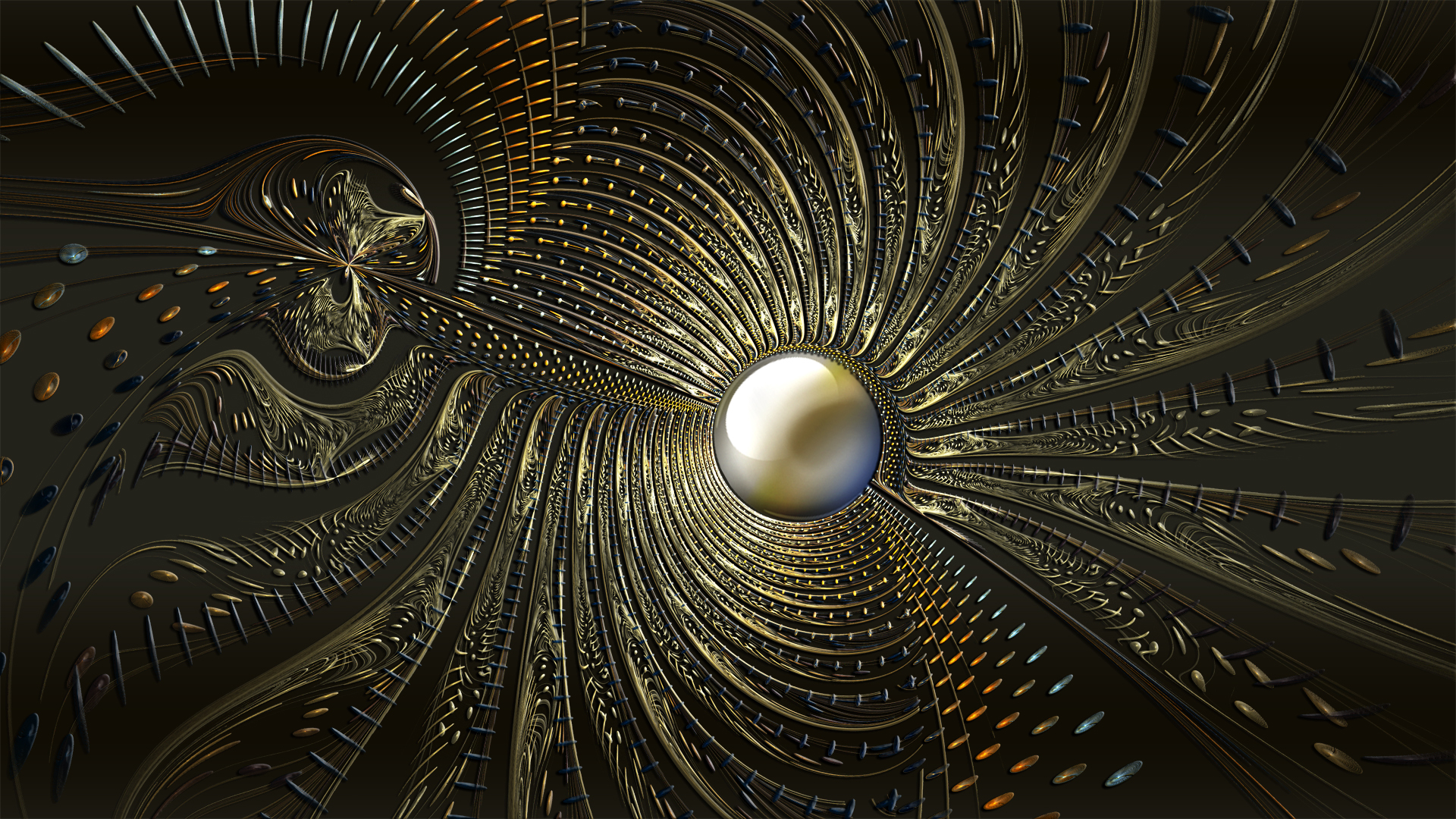 ball, abstract, fractal, gold, silver