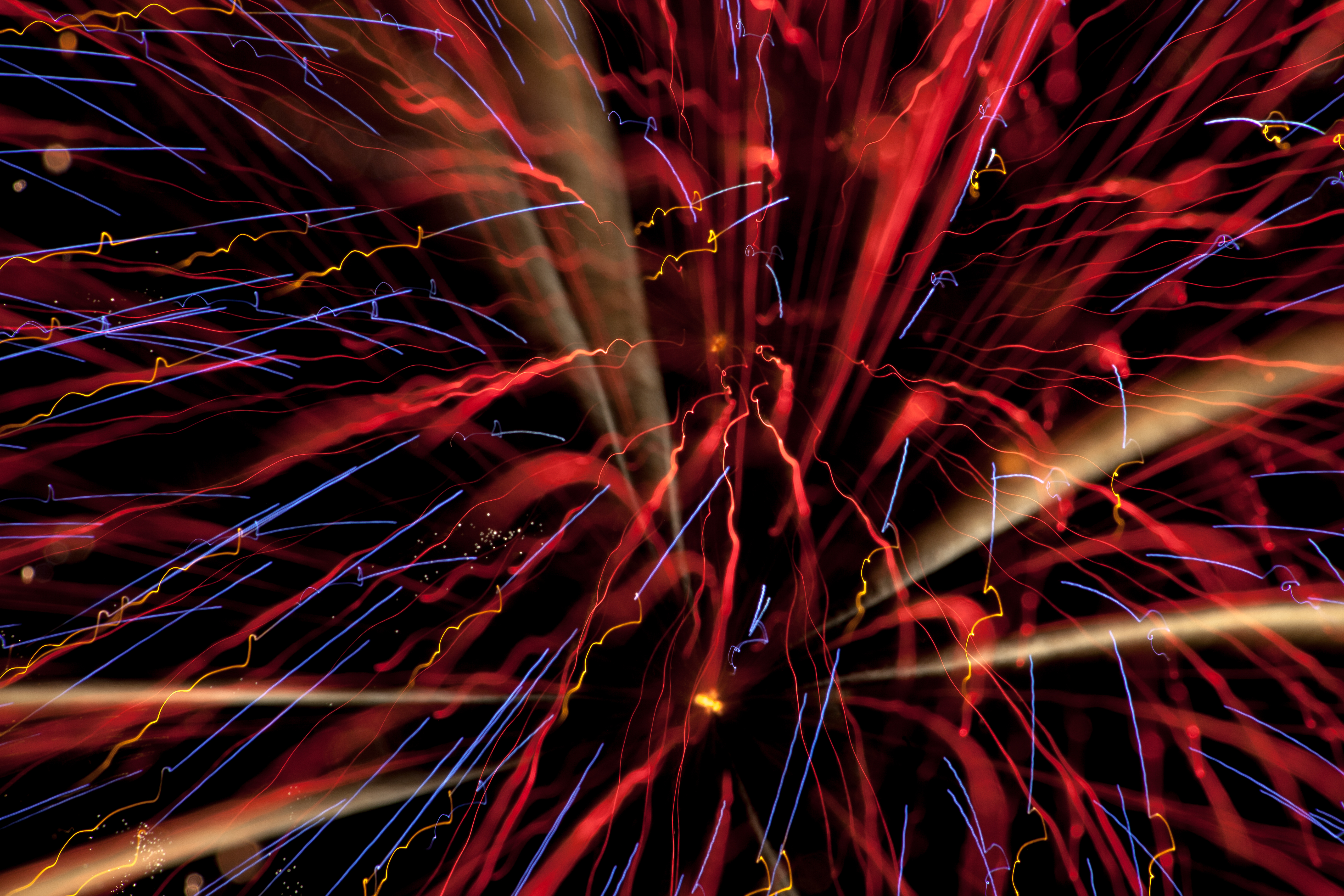 fireworks, holidays, salute, red, sparks, beams, rays, firework 8K