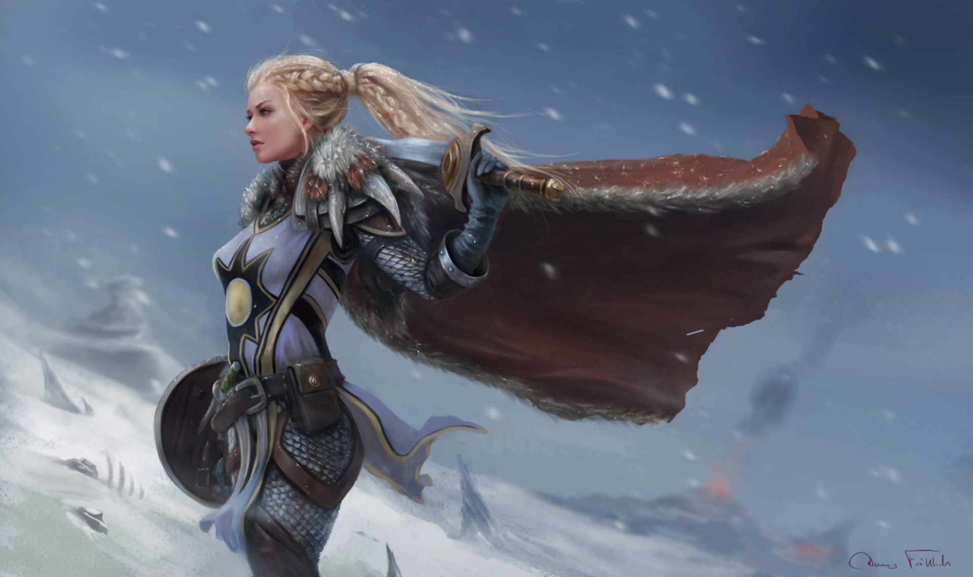 Free download wallpaper Winter, Fantasy, Shield, Blonde, Sword, Women Warrior, Woman Warrior on your PC desktop