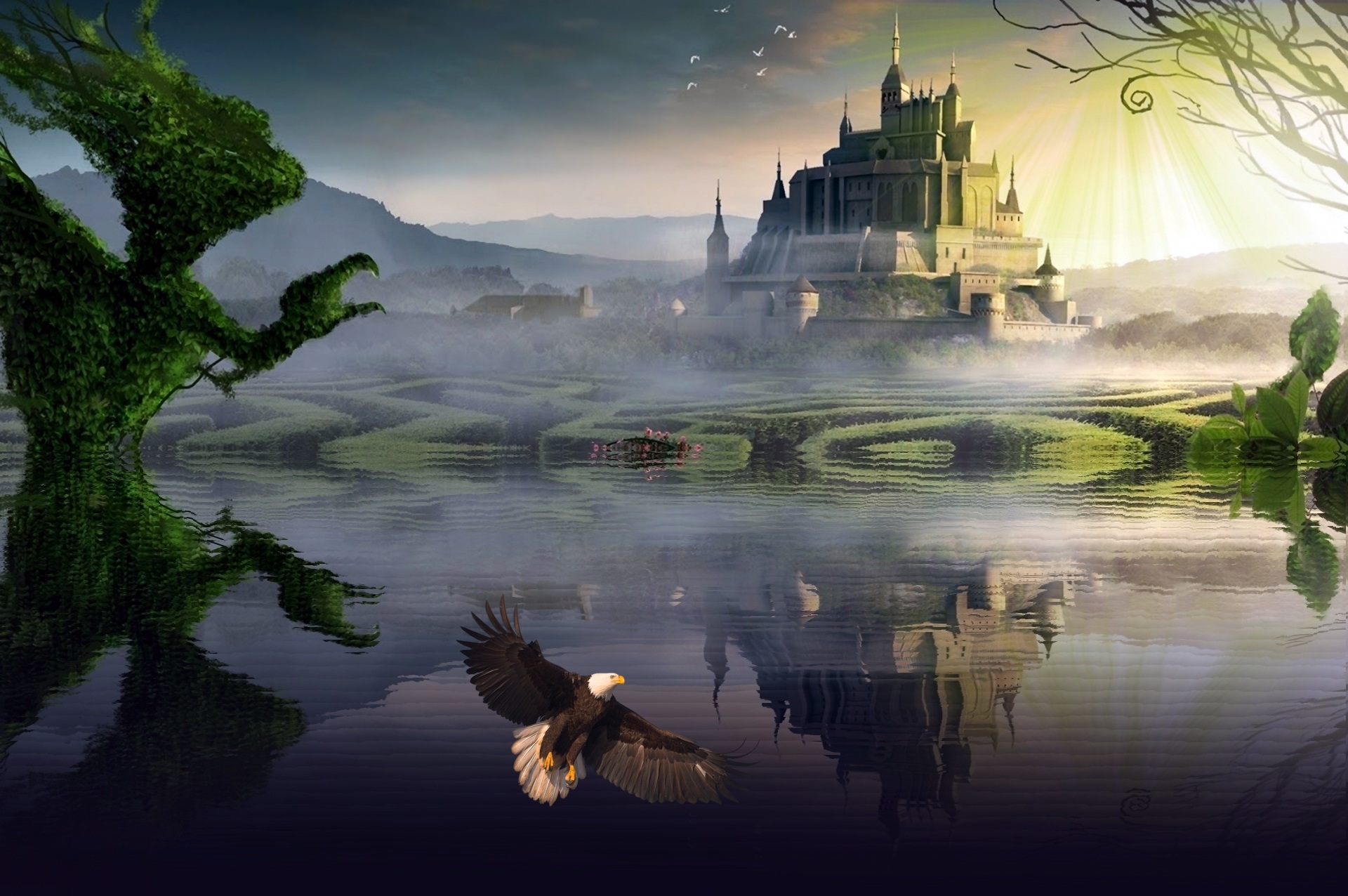 Free download wallpaper Fantasy, Castles, Reflection, Bird, Eagle, Bald Eagle, Castle on your PC desktop