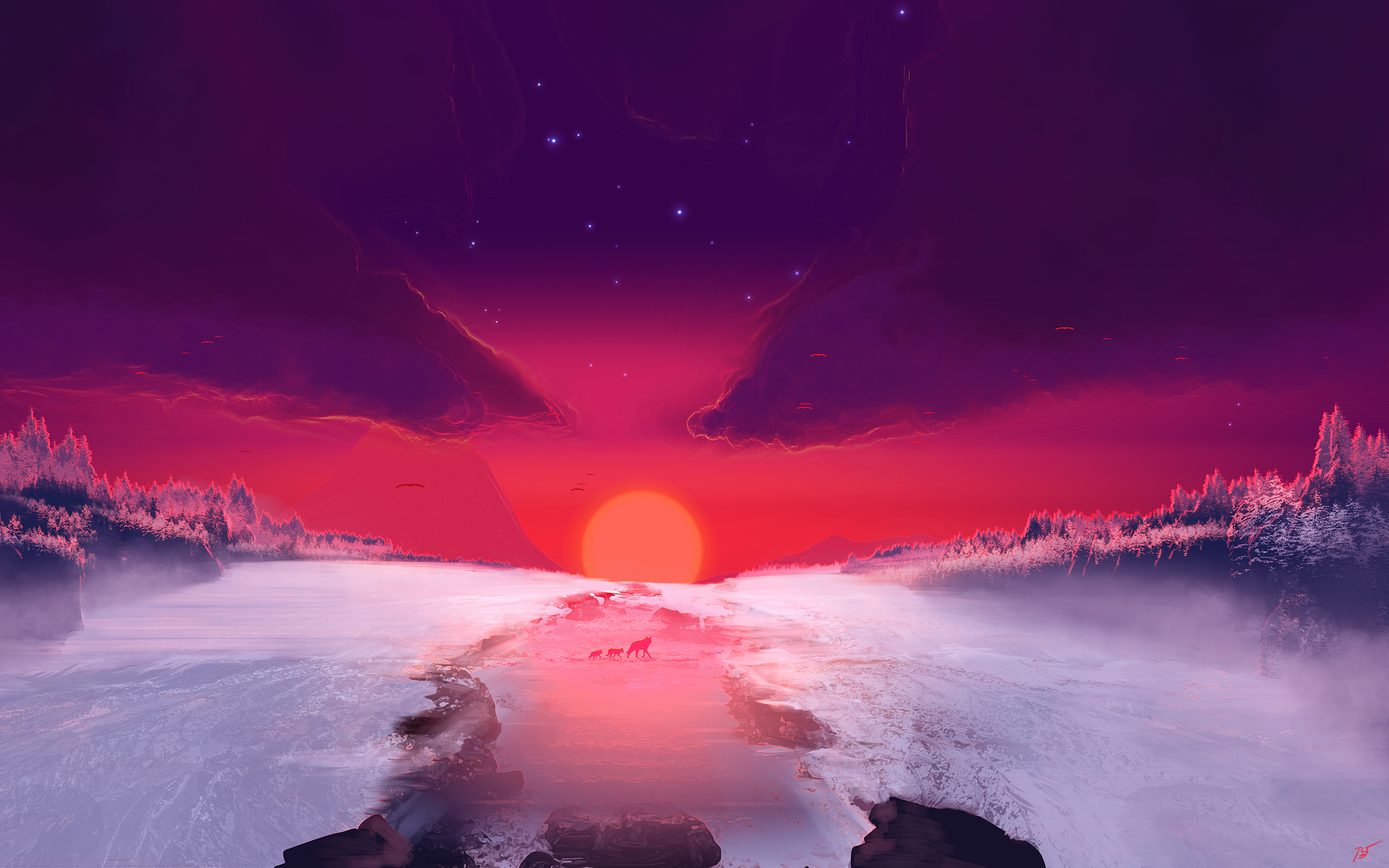 Free download wallpaper Landscape, Nature, Sunset, Sky, Wolf, Artistic on your PC desktop