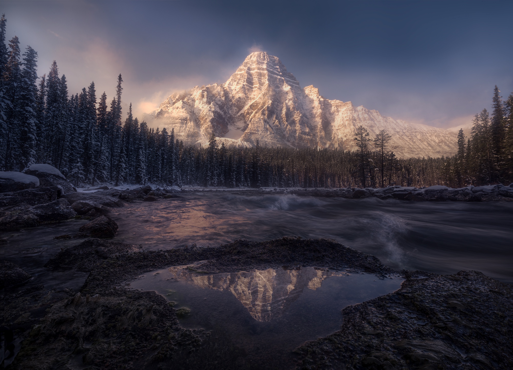 Free download wallpaper Winter, Nature, Mountain, Peak, Reflection, Forest, Earth, River on your PC desktop