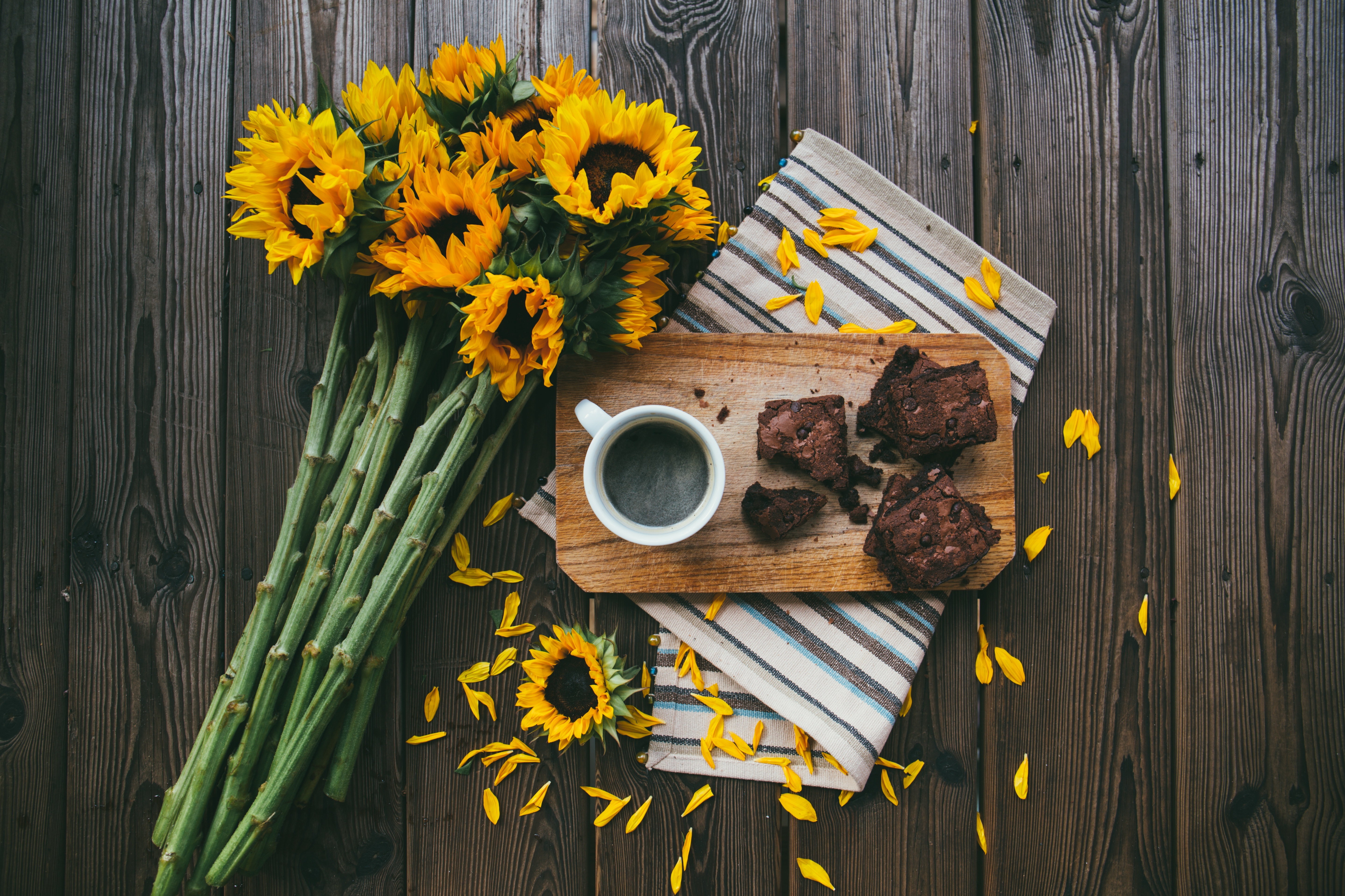 coffee, food, brownie, cup, still life, sunflower, yellow flower