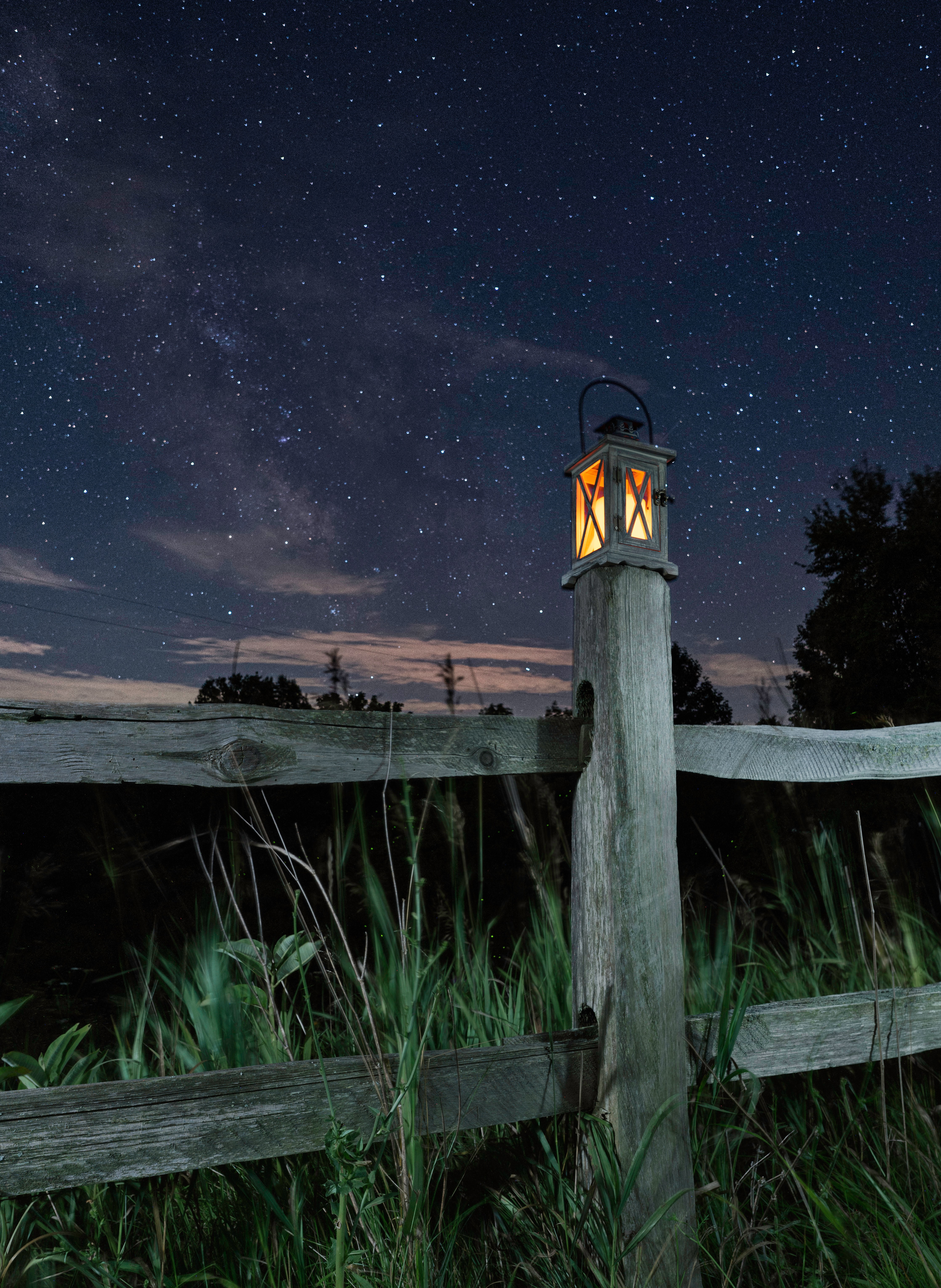 fence, starry sky, miscellanea, sky, lamp, grass, night, miscellaneous, lantern images