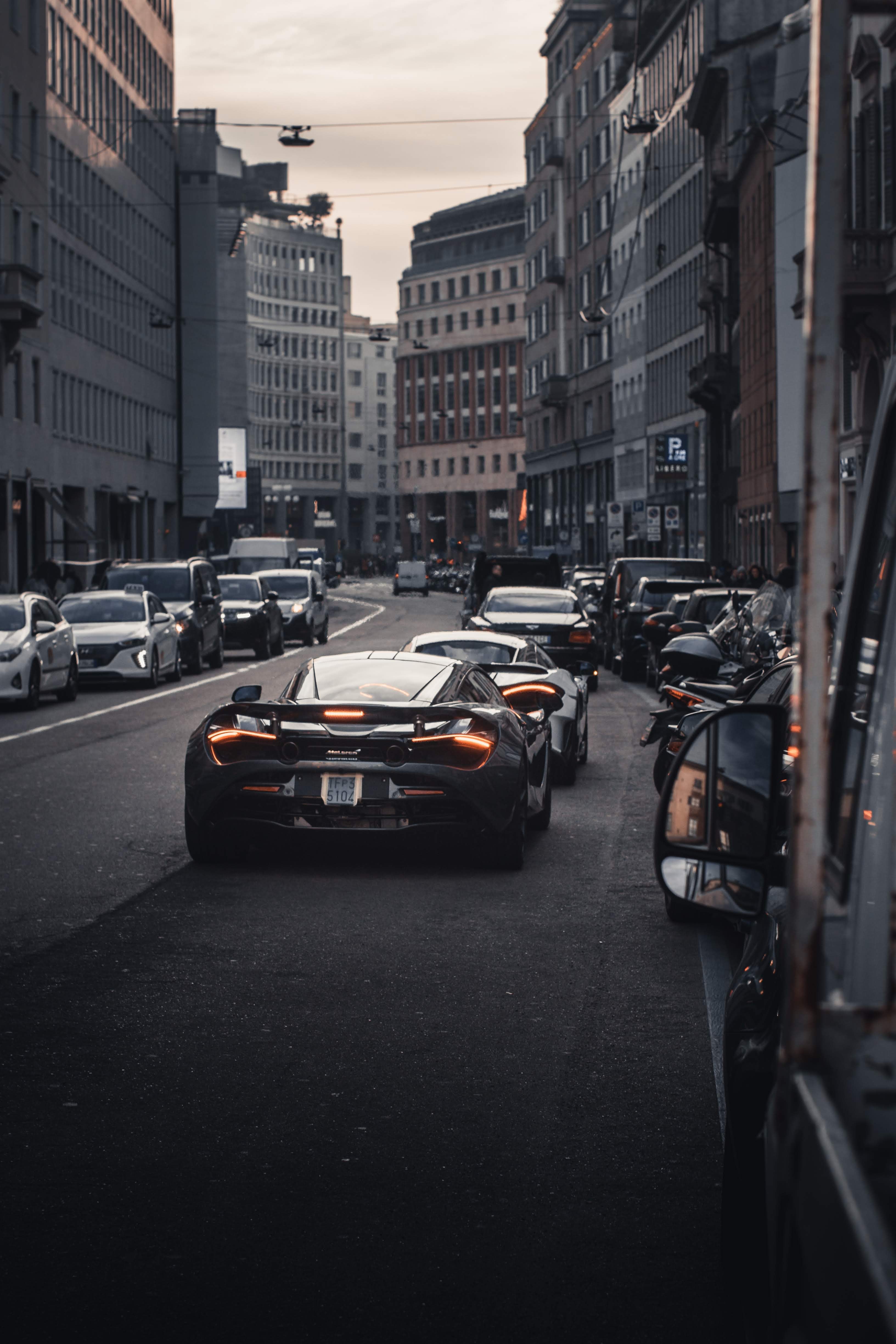 back view, city, cars, road, rear view, street 1080p