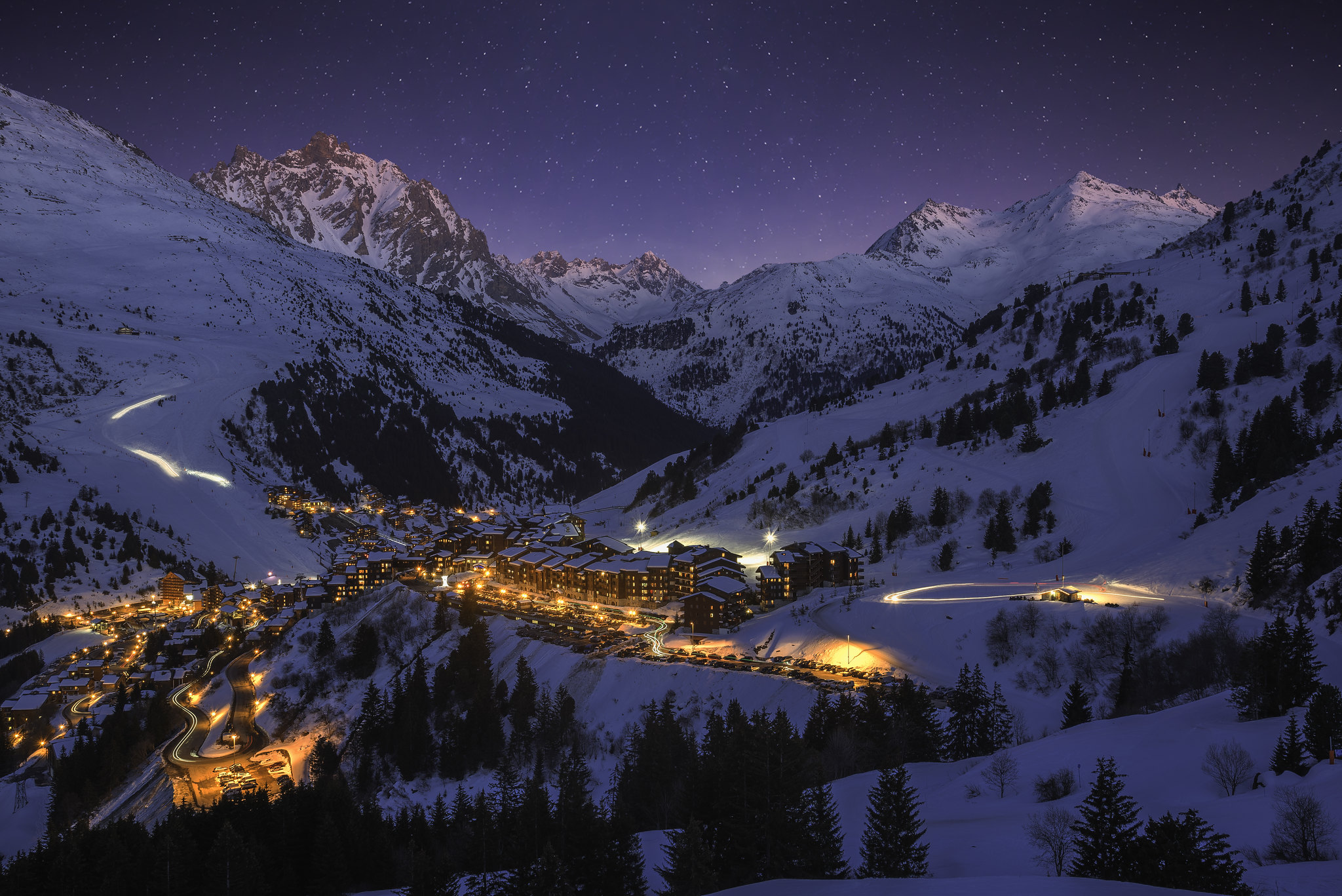 Free download wallpaper Winter, Night, Snow, Mountain, Light, France, Photography on your PC desktop