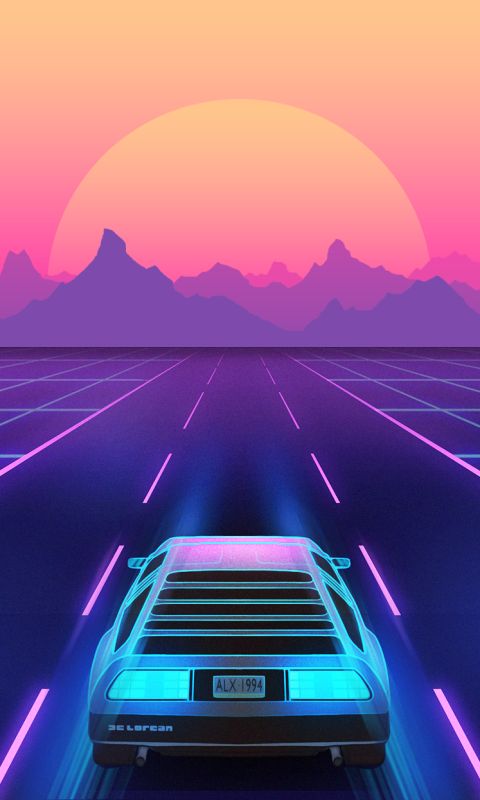 Download mobile wallpaper Sunset, Car, Neon, Artistic, Synthwave, Delorean, Retro Wave for free.