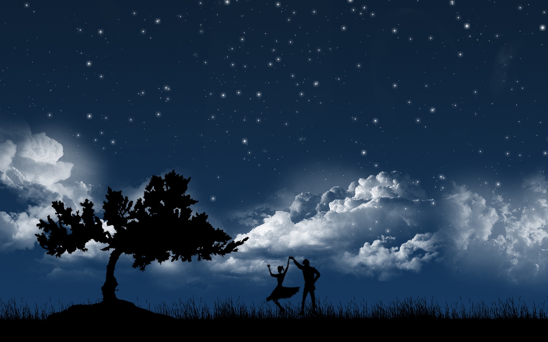 Скачать обои бесплатно Звезды, Ночь, Облака, Любовь, Танцы, Силуэт, Пара, Дерево, Звездное Небо, Синий, Художественные картинка на рабочий стол ПК