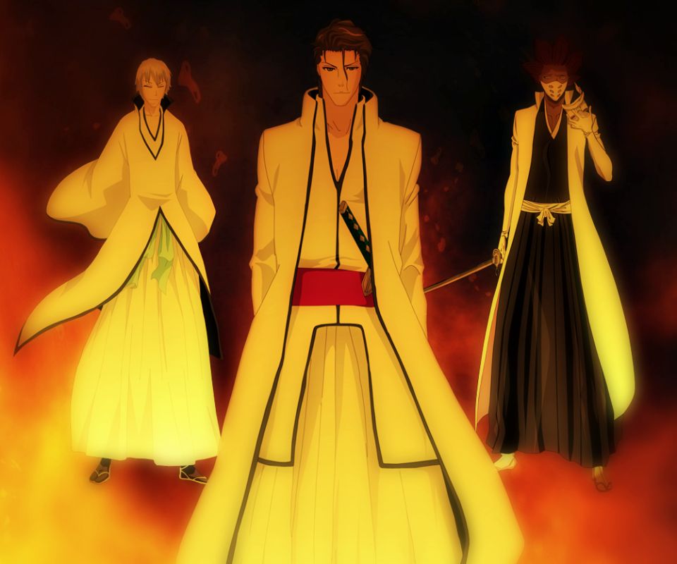 Download mobile wallpaper Anime, Fire, Bleach, Sōsuke Aizen, Gin Ichimaru, Kaname Tosen for free.