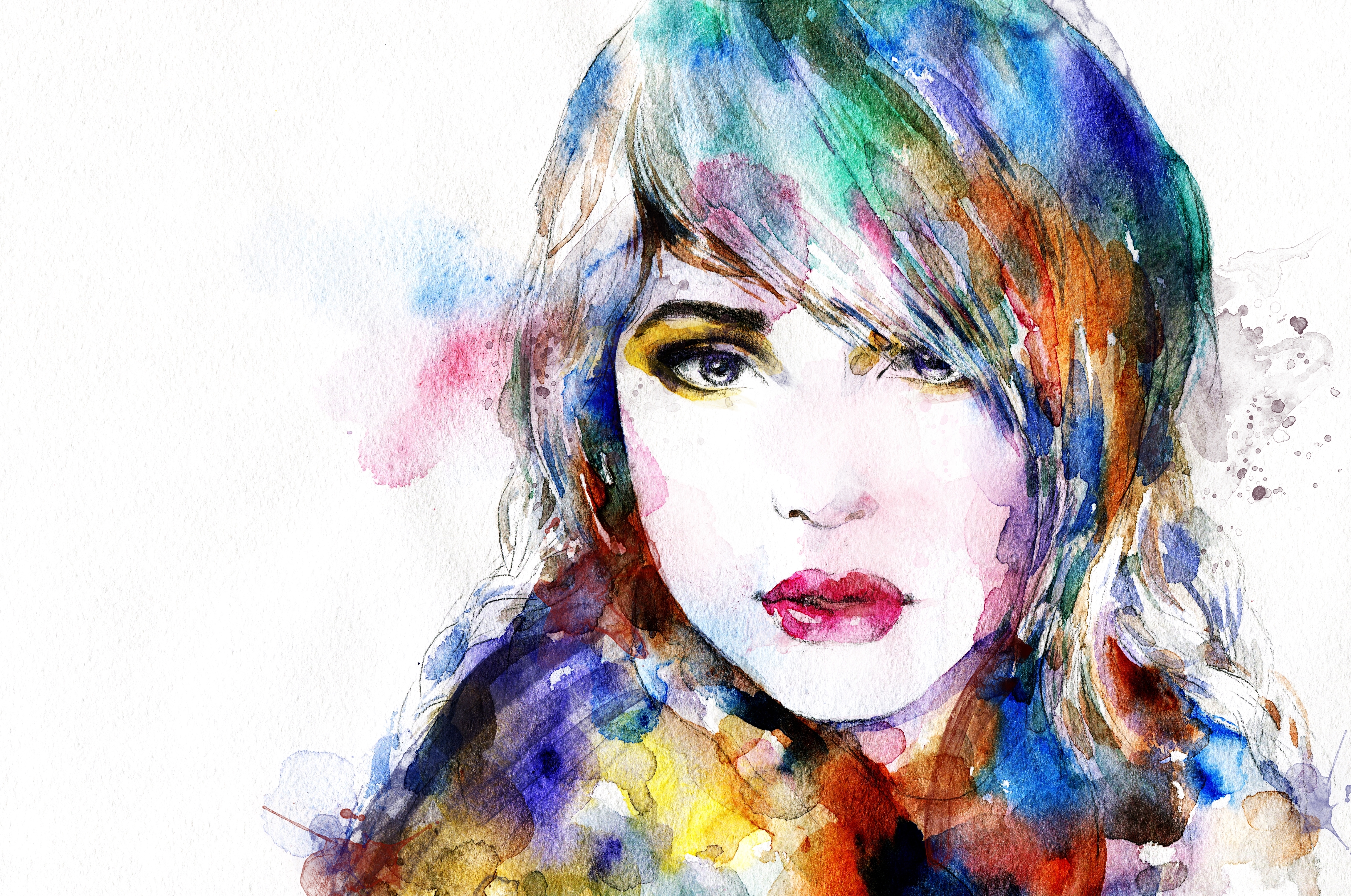 portrait, watercolor, artistic, colorful, face