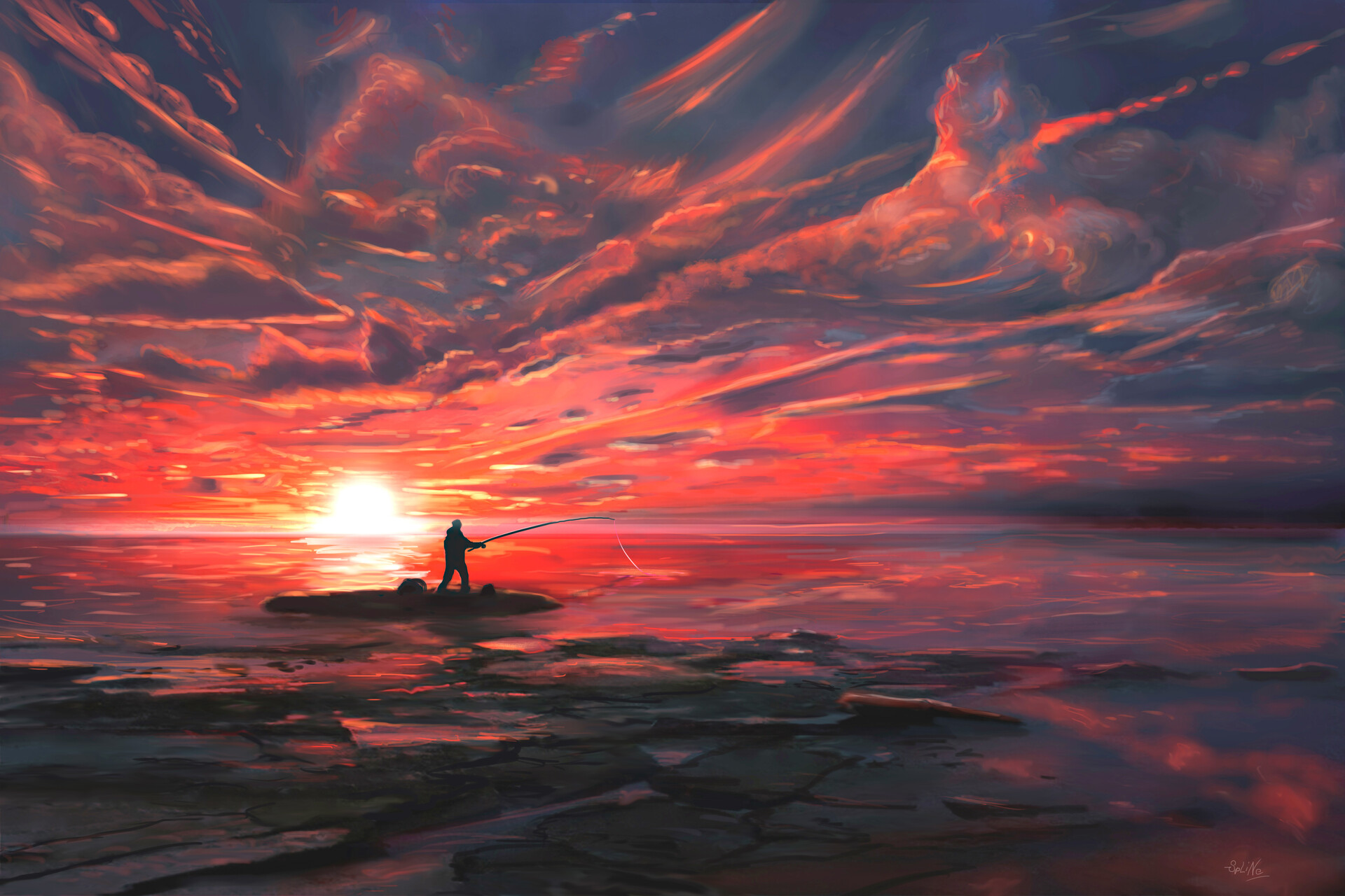 Download mobile wallpaper Sunset, Sea, Artistic, Fisherman for free.