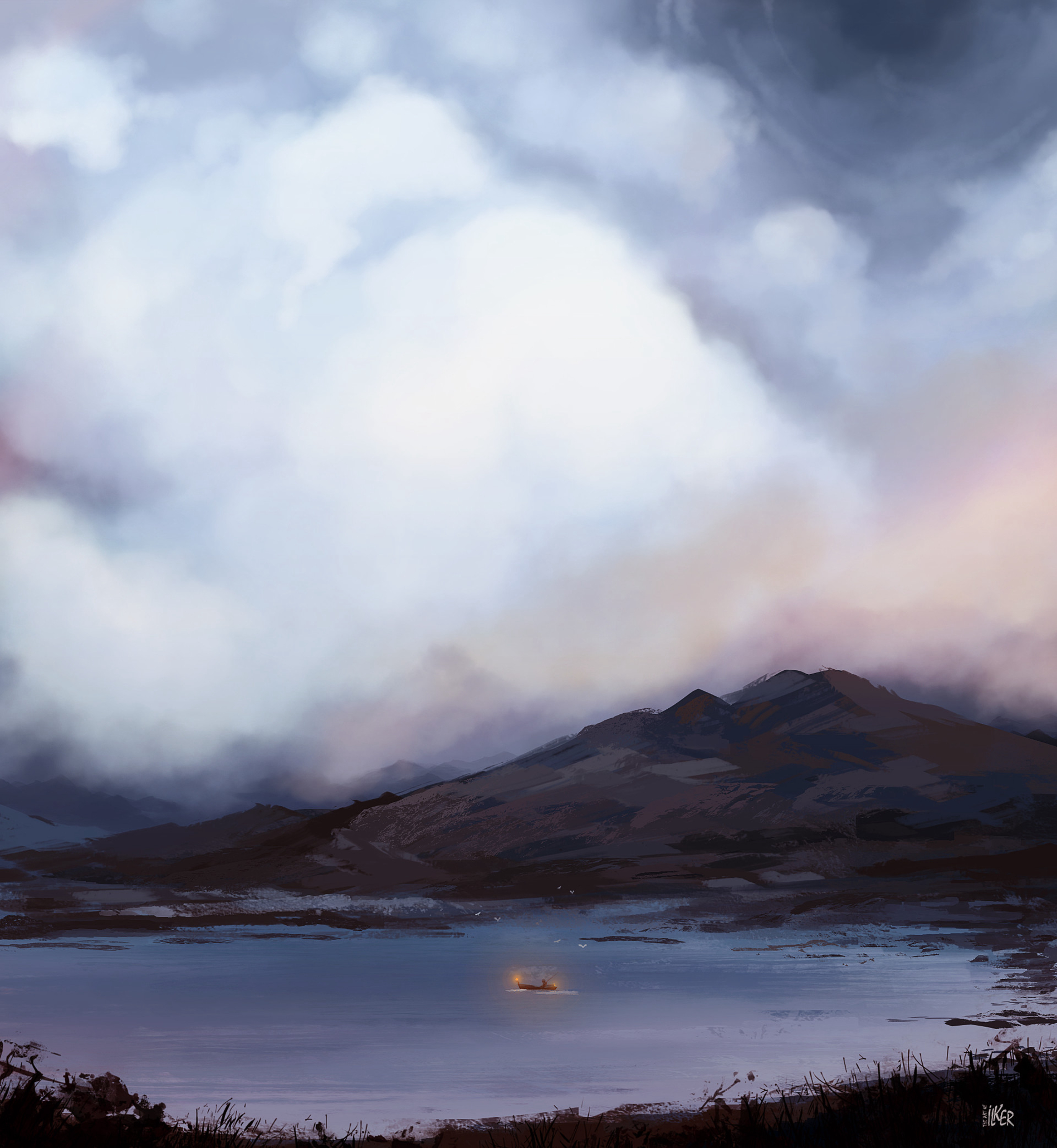 Download mobile wallpaper Fog, Lake, Boat, Art for free.