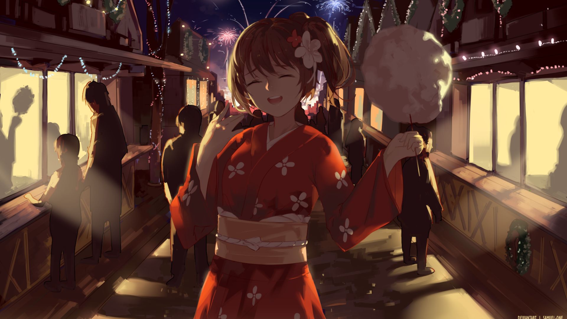 Free download wallpaper Anime, Girl, Kimono, Fireworks on your PC desktop