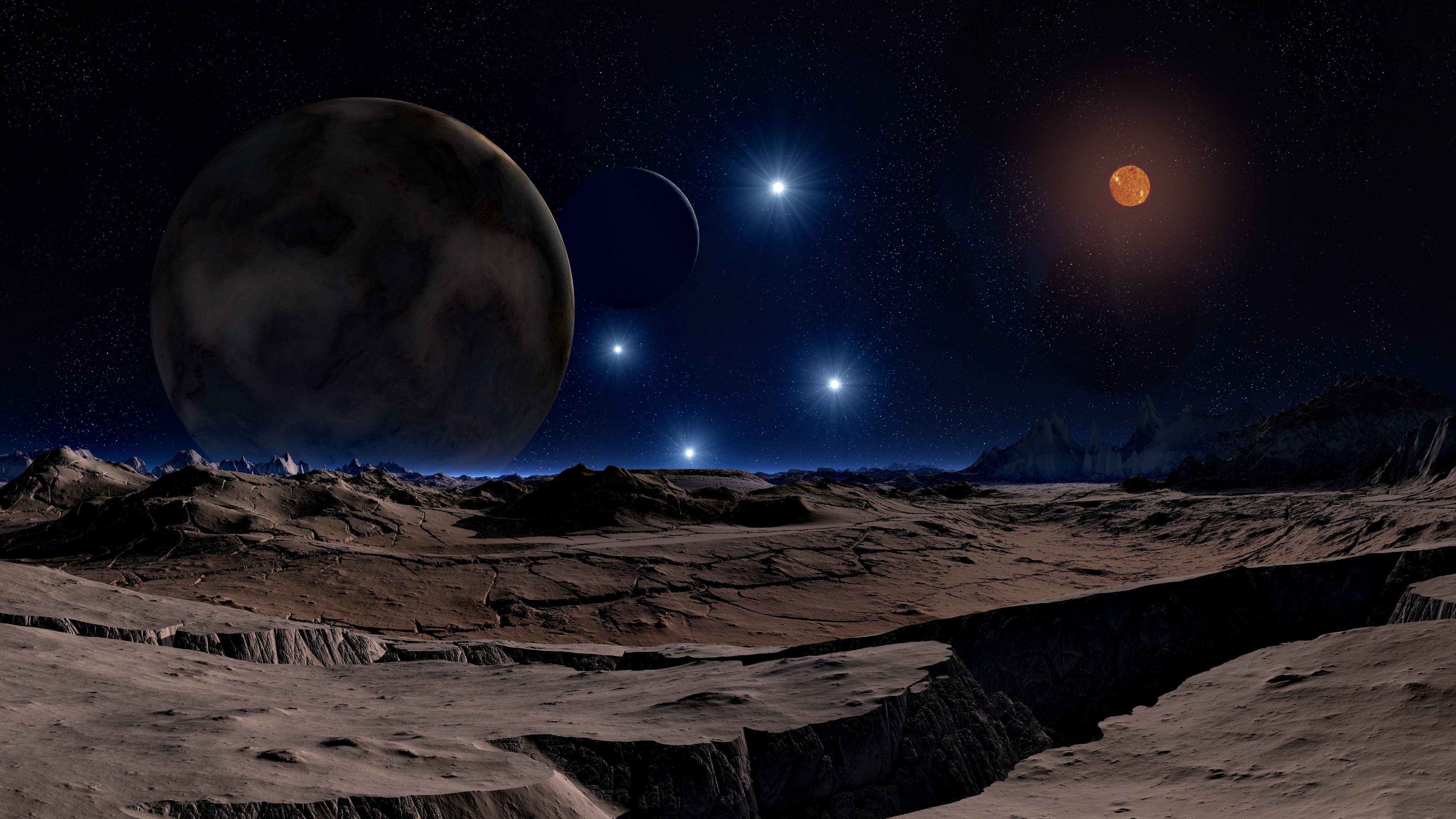 Download mobile wallpaper Landscape, Sun, Starry Sky, Planet, Sci Fi for free.