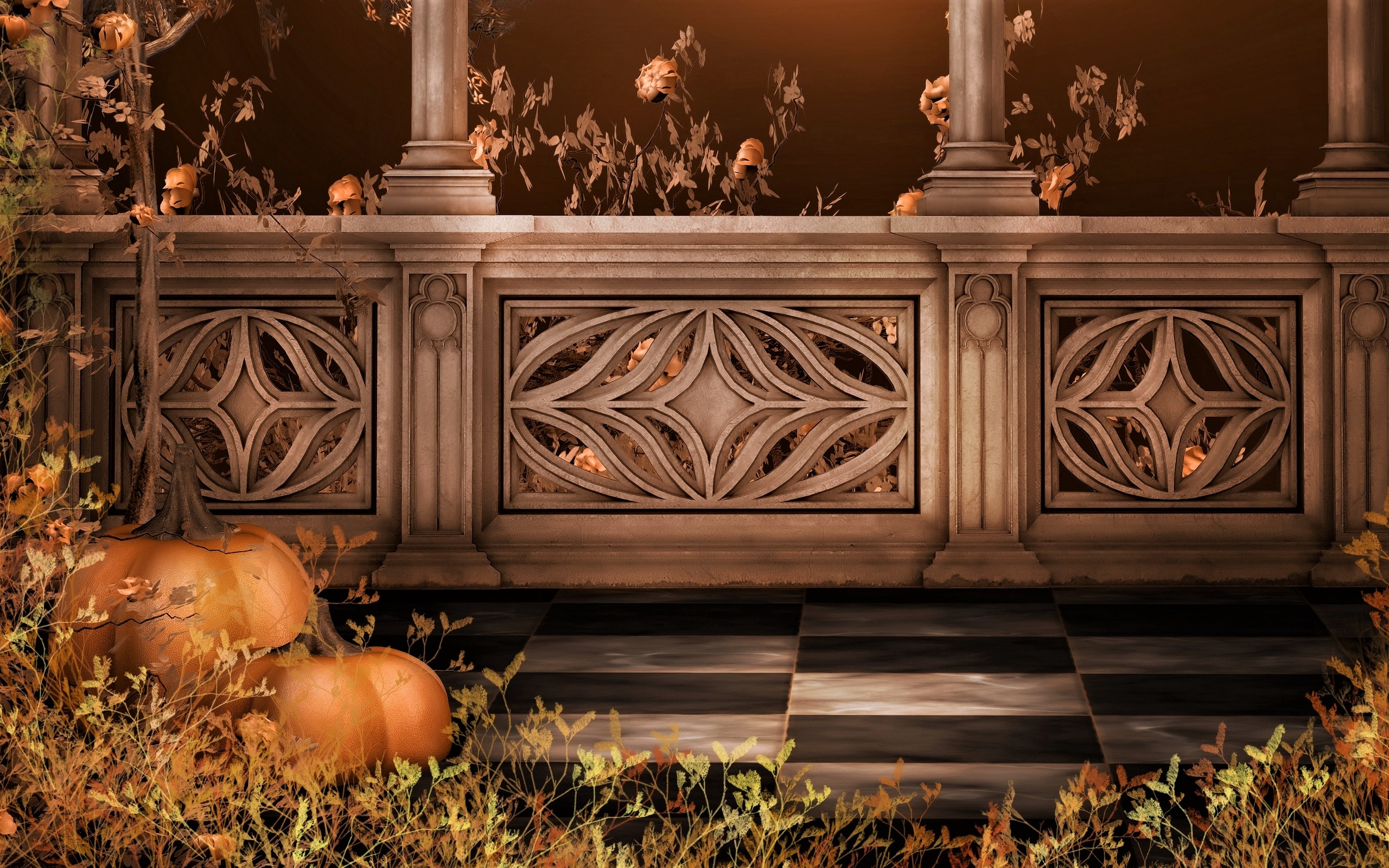 artistic, fall, columns, leaf, pumpkin, terrace