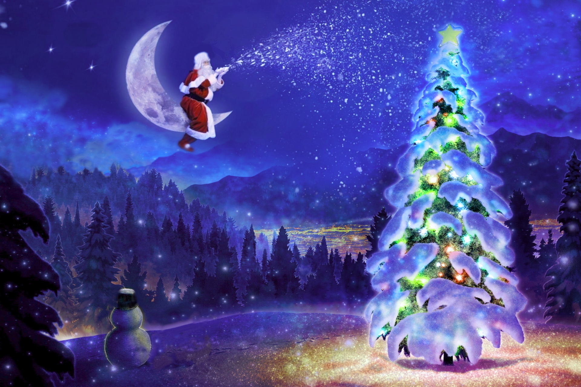 Handy-Wallpaper Feiertage, Weihnachtsmann, Mond, Weihnachten, Schneemann, Weihnachtsbaum, Nacht kostenlos herunterladen.