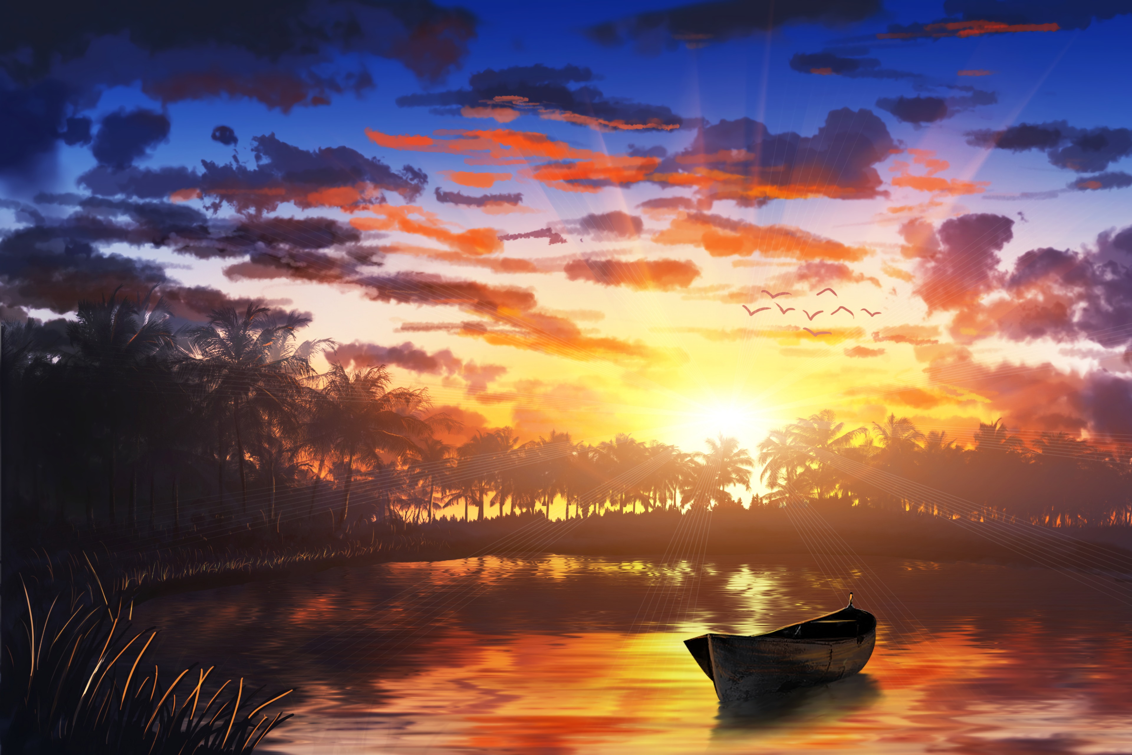 Free download wallpaper Sunset, Palms, Boat, Water, Art on your PC desktop