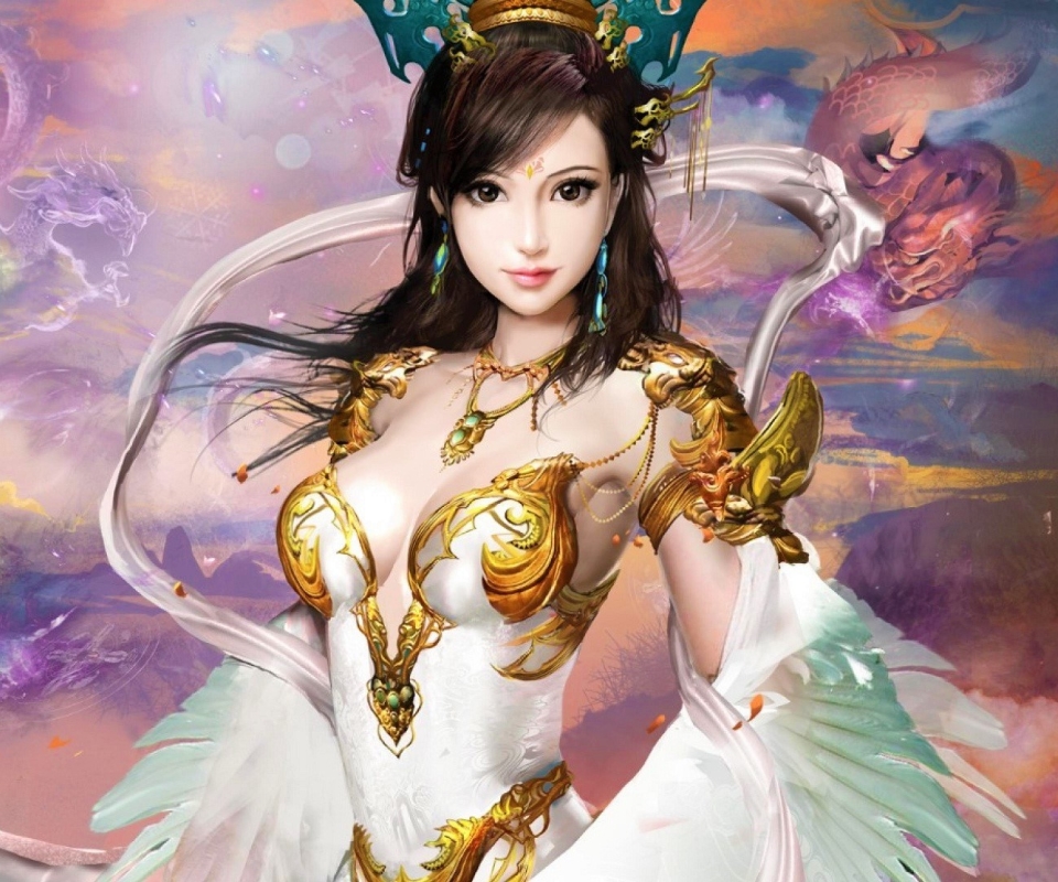 Free download wallpaper Fantasy, Mountain, Dragon, Angel, Oriental, Women, Brown Eyes, Brown Hair on your PC desktop