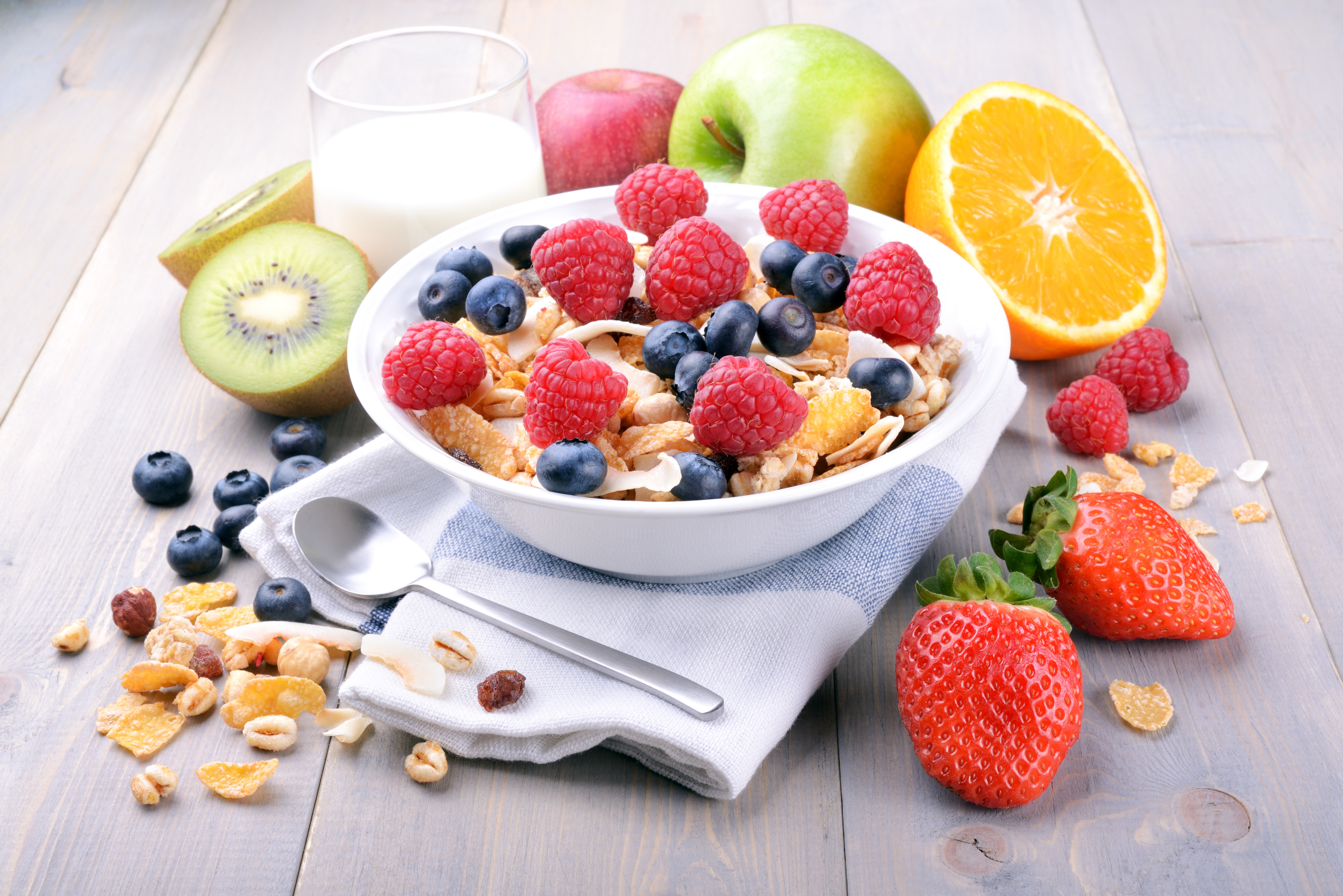 food, breakfast, apple, berry, blueberry, fruit, kiwi, muesli, orange (fruit), raspberry, strawberry